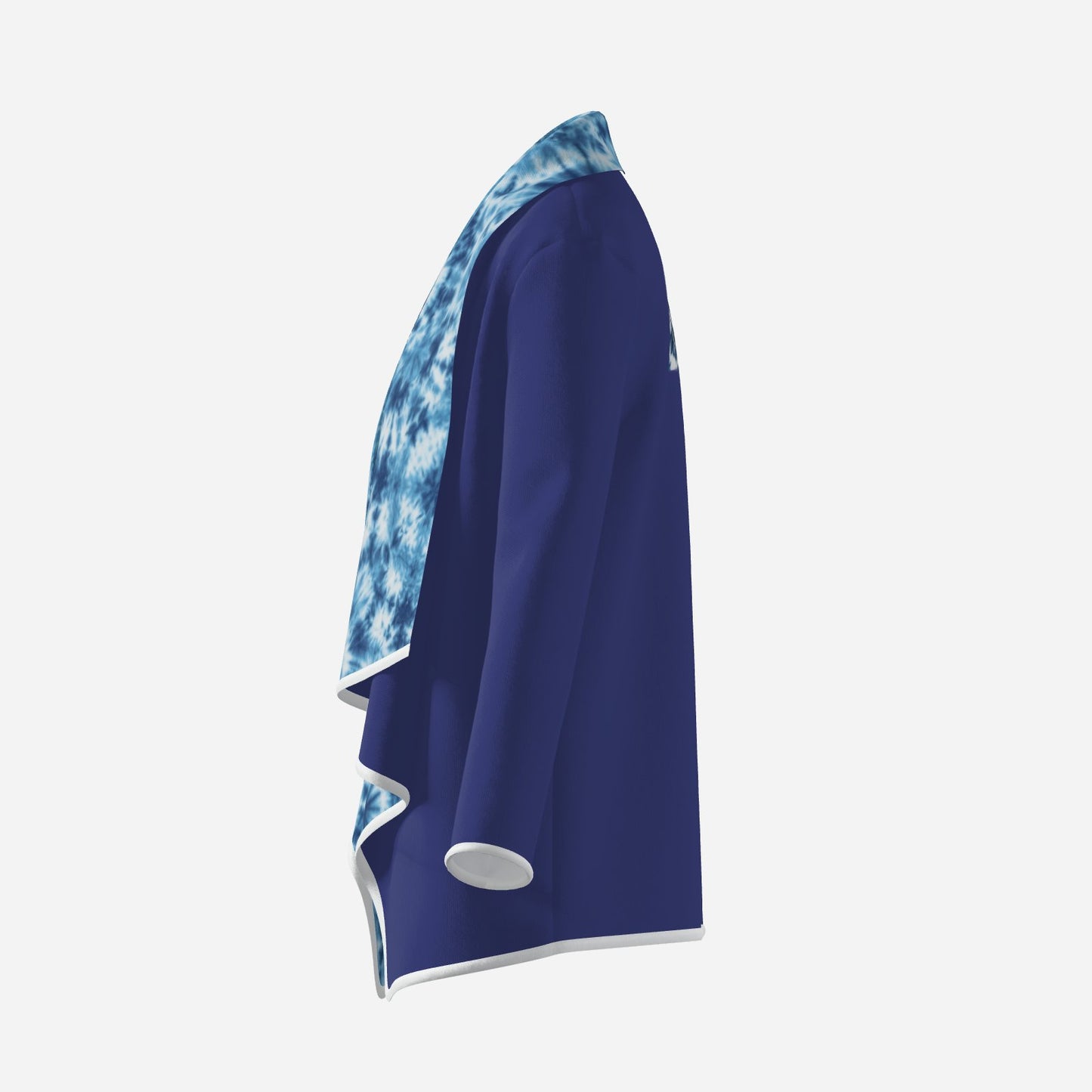 designer Navy cardigan with a vibrant tie-dye interior lining, Pegasus mirror motif and Melammu logo at the upper back. White trim, relaxed fit, sizes S–6XL. Perfect for festivals, parties and elevated casual looks.