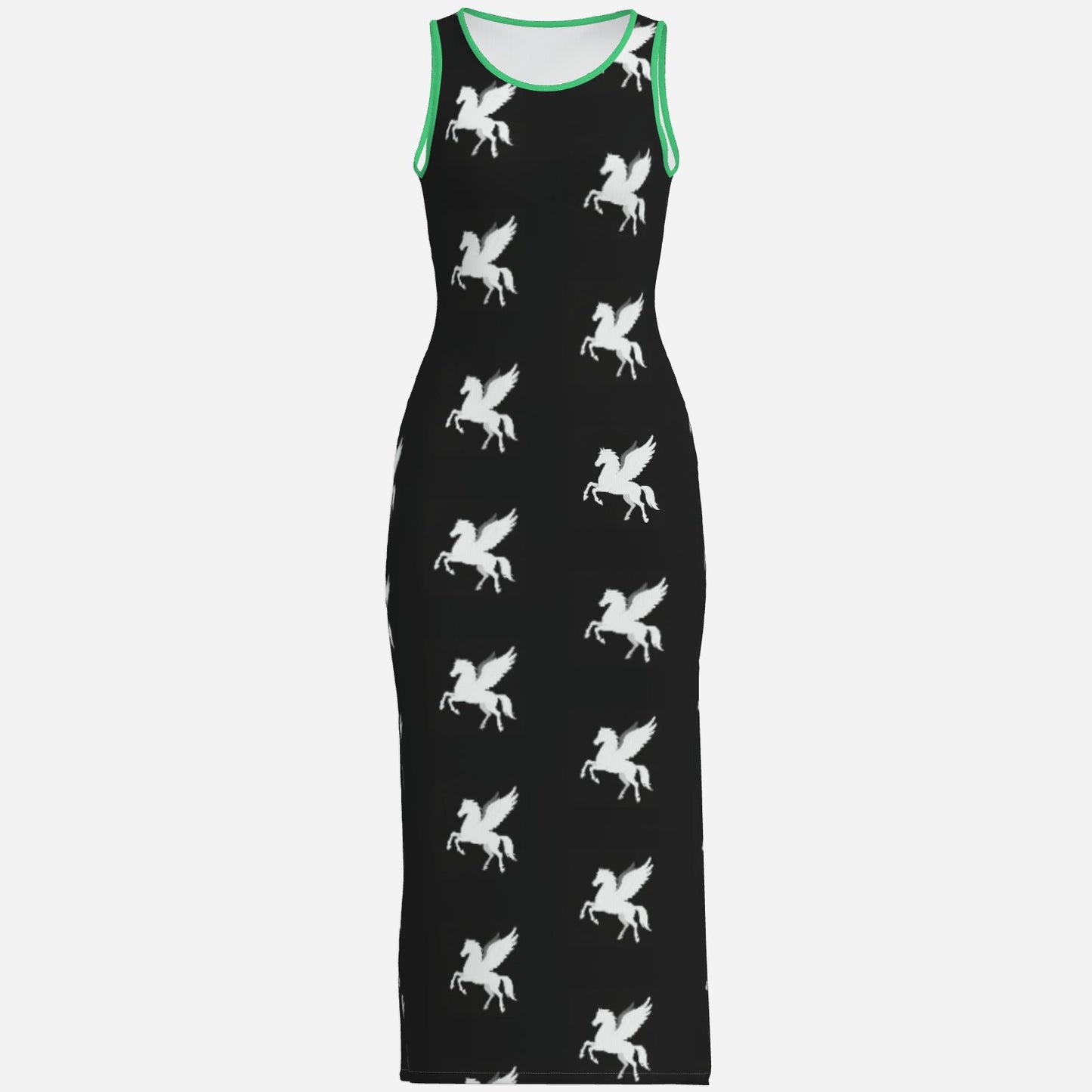 Melammu designer pegasus print black and white chic trending high fashion maxi dress bright green trim powerful vibes original unique Valentina Theodora design