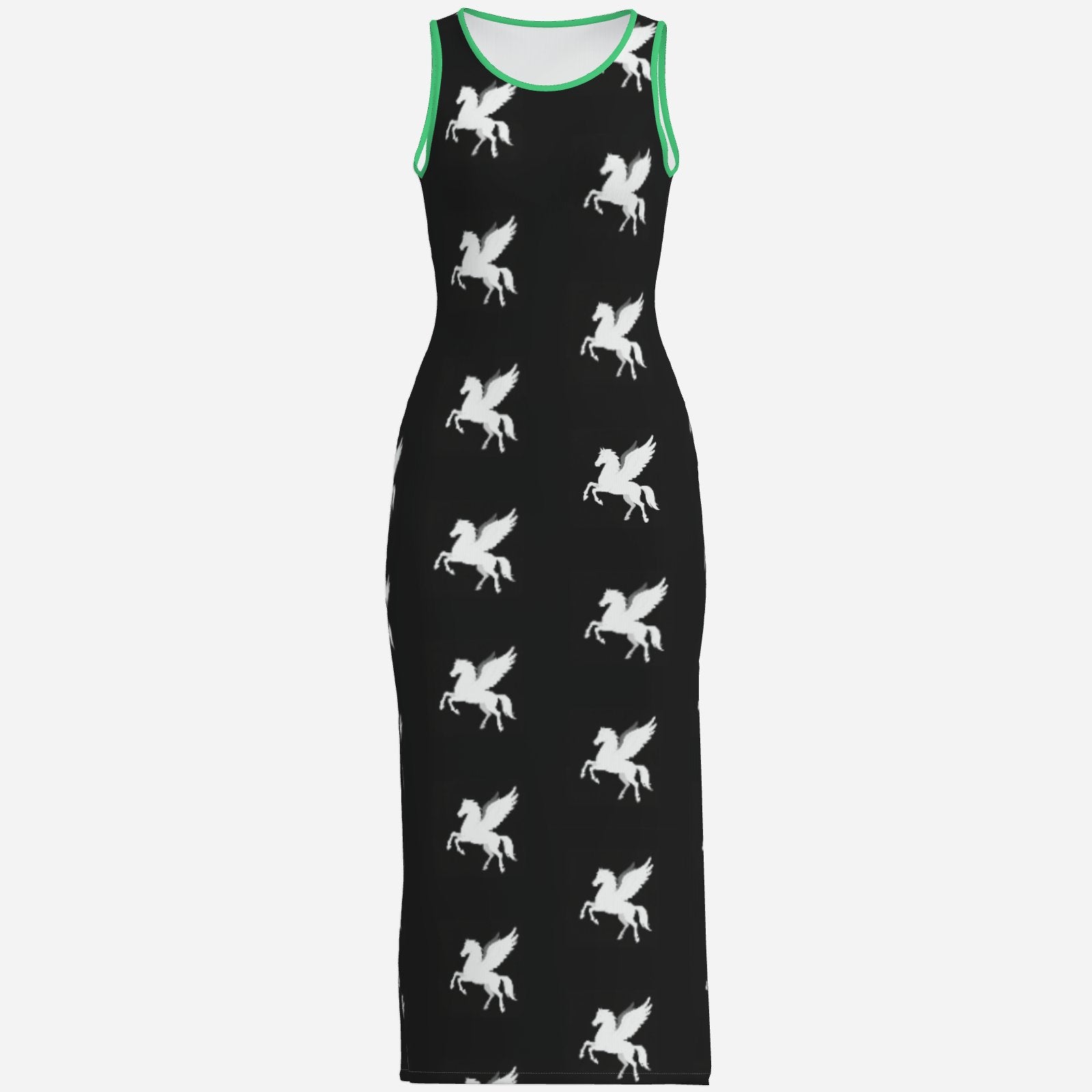 Melammu designer pegasus print black and white chic trending high fashion maxi dress bright green trim powerful vibes original unique Valentina Theodora design