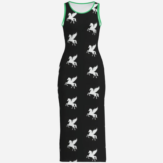 Melammu designer pegasus print black and white chic trending high fashion maxi dress bright green trim powerful vibes original unique Valentina Theodora design