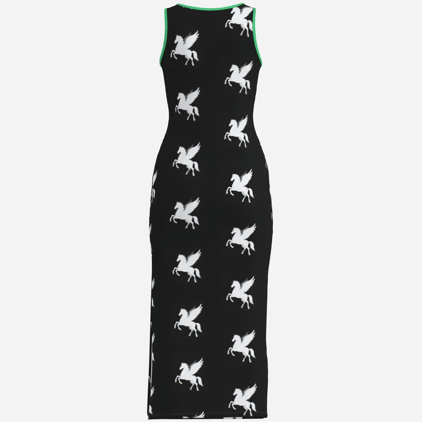 Melammu designer pegasus print black and white chic trending high fashion maxi dress bright green trim powerful vibes original unique Valentina Theodora design