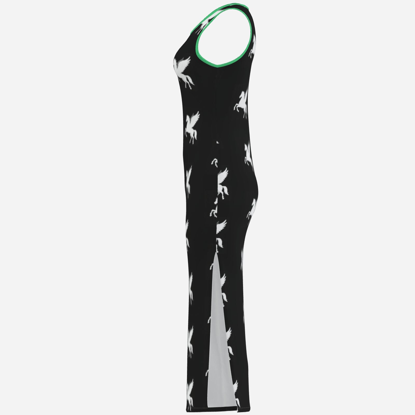 Melammu designer pegasus print black and white chic trending high fashion maxi dress bright green trim powerful vibes original unique Valentina Theodora design