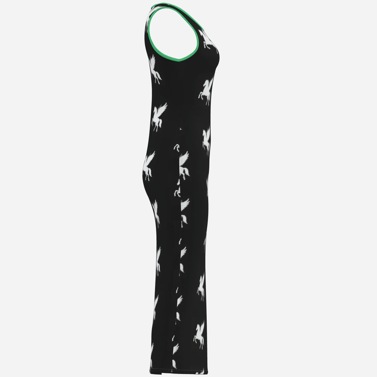 Melammu designer pegasus print black and white chic trending high fashion maxi dress bright green trim powerful vibes original unique Valentina Theodora design
