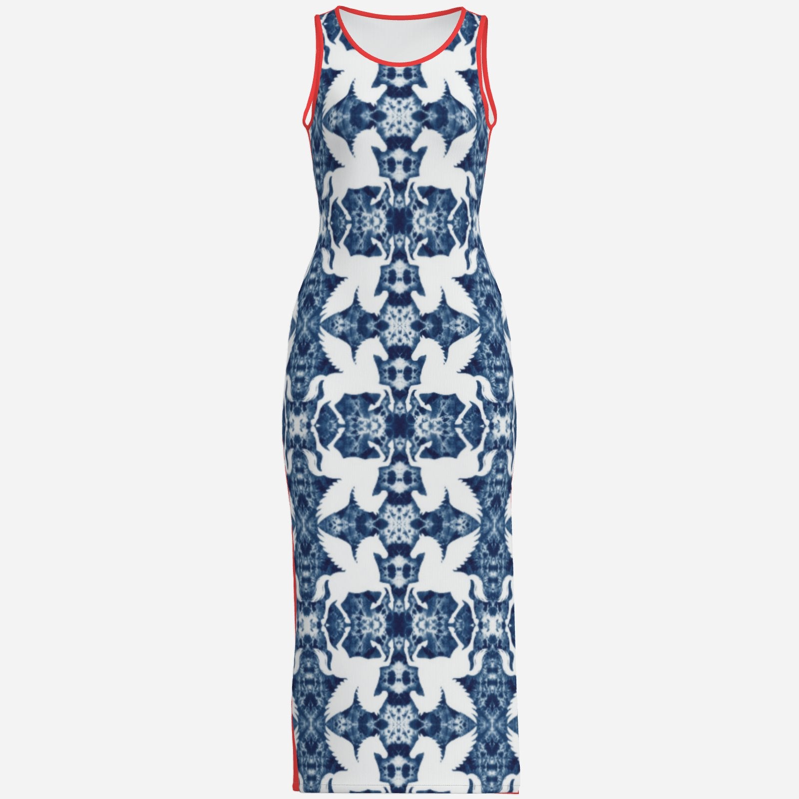designer ultra cool bold Melammu sleeveless maxi dress with blue tie-dye and white pegasus geometric print at front  red trim and red back