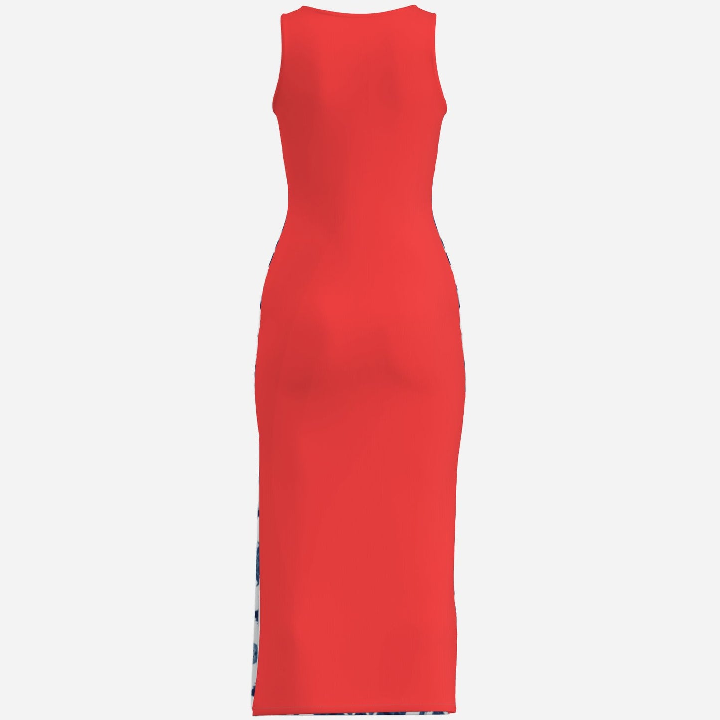 designer ultra cool bold Melammu sleeveless maxi dress with blue tie-dye and white pegasus geometric print at front  red trim and red back