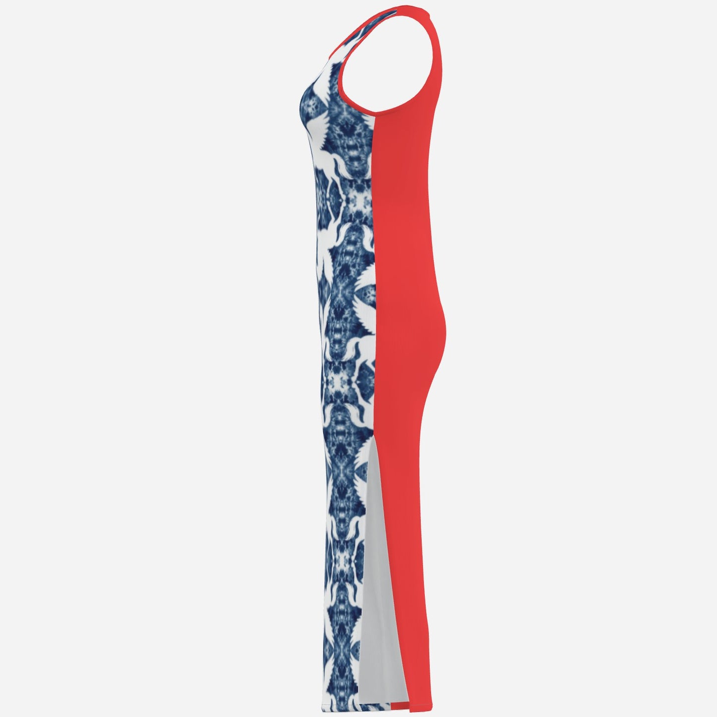 designer ultra cool bold Melammu sleeveless maxi dress with blue tie-dye and white pegasus geometric print at front  red trim and red back