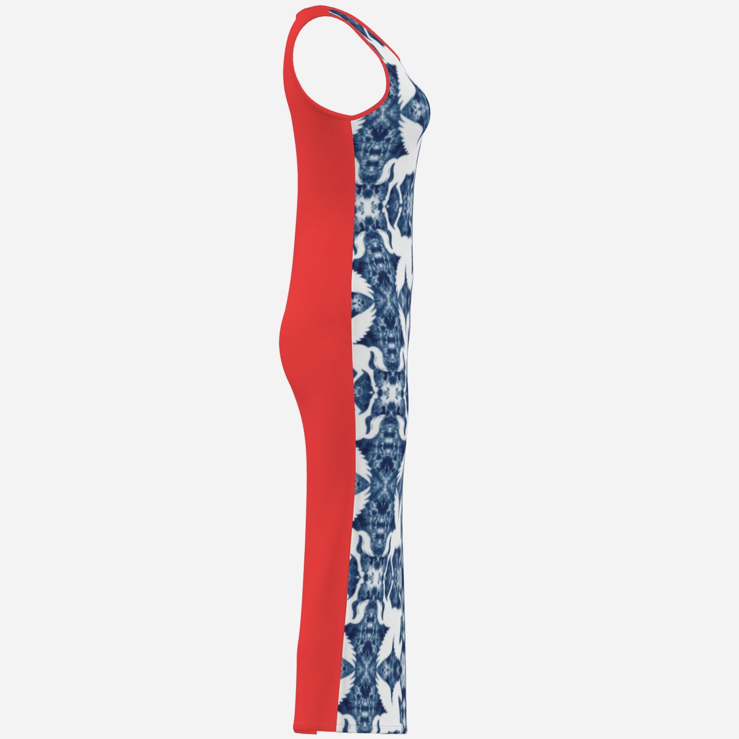 designer ultra cool bold Melammu sleeveless maxi dress with blue tie-dye and white pegasus geometric print at front  red trim and red back