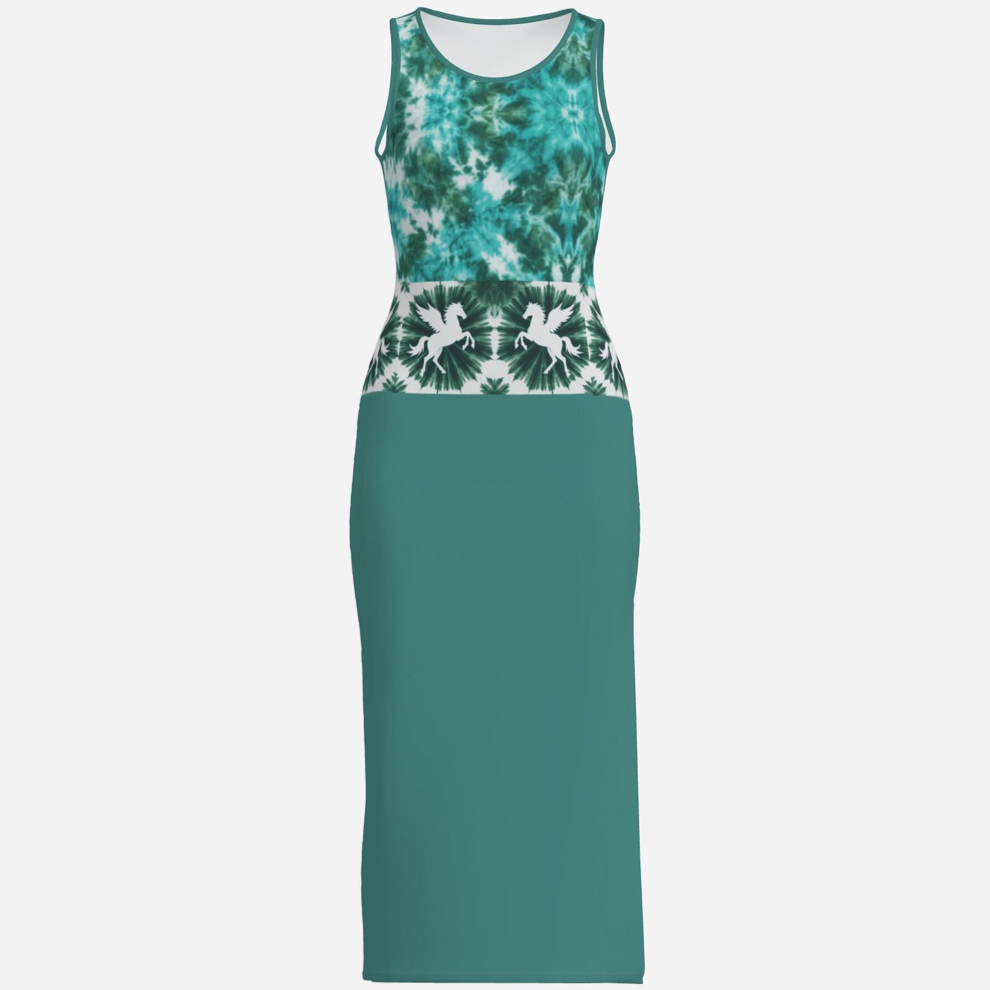 designer cool dark green pegasus mirror print Valentina Theodora original with tie-dye detail Melammu maxi dress stunning wearable art day and night comfortable and trendy