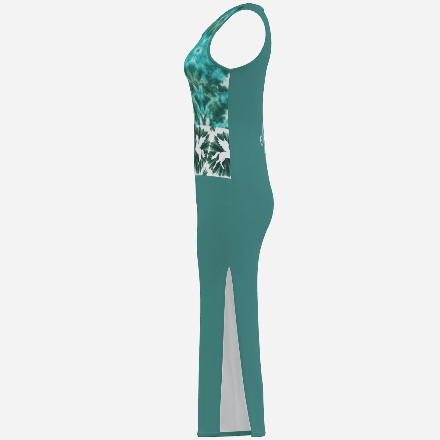 designer cool dark green pegasus mirror print Valentina Theodora original with tie-dye detail Melammu maxi dress stunning wearable art day and night comfortable and trendy