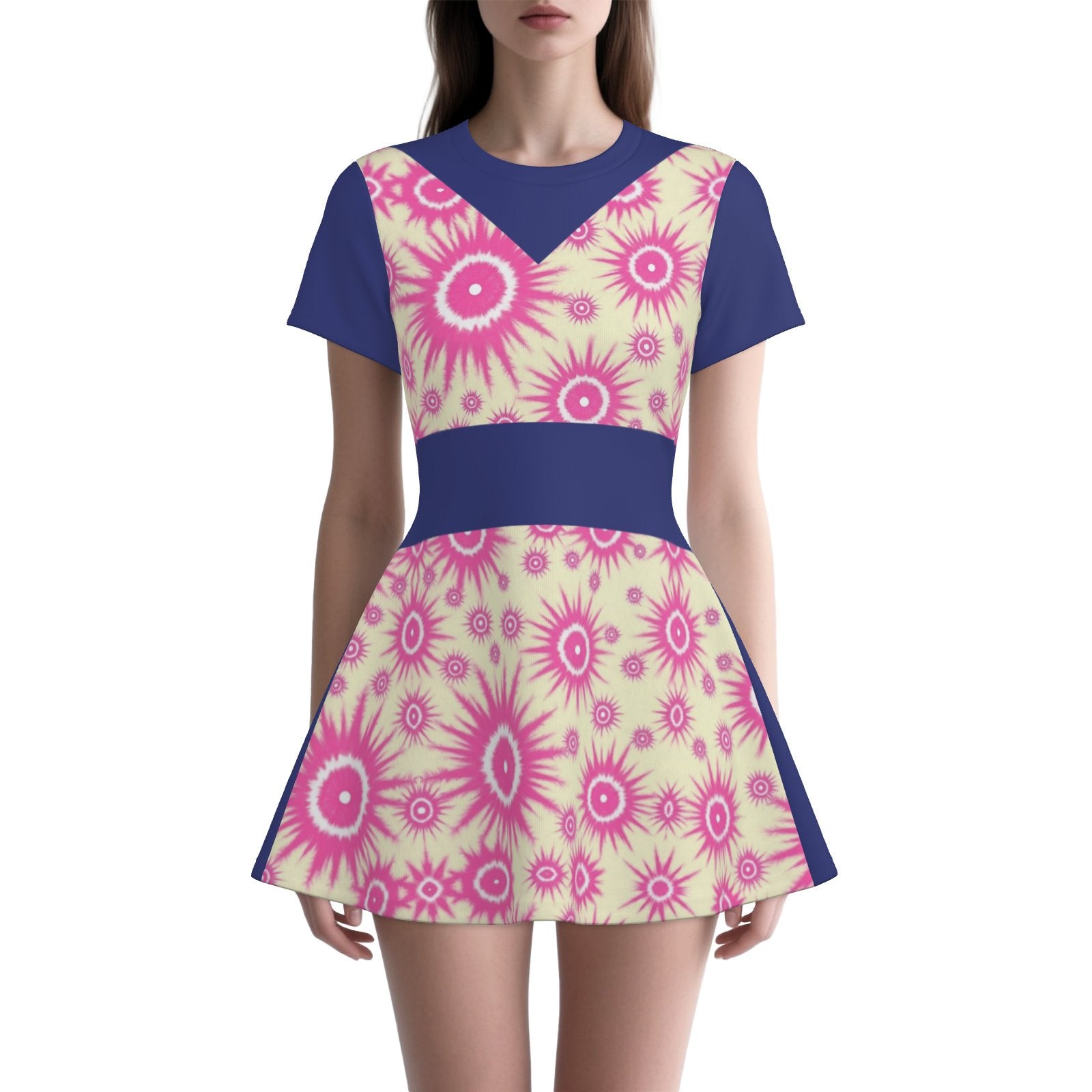 Melammu bubblegum pink starburst dress with navy back and short sleeves flared party baby shower dress unique original Valentina Theodora design ultra cool