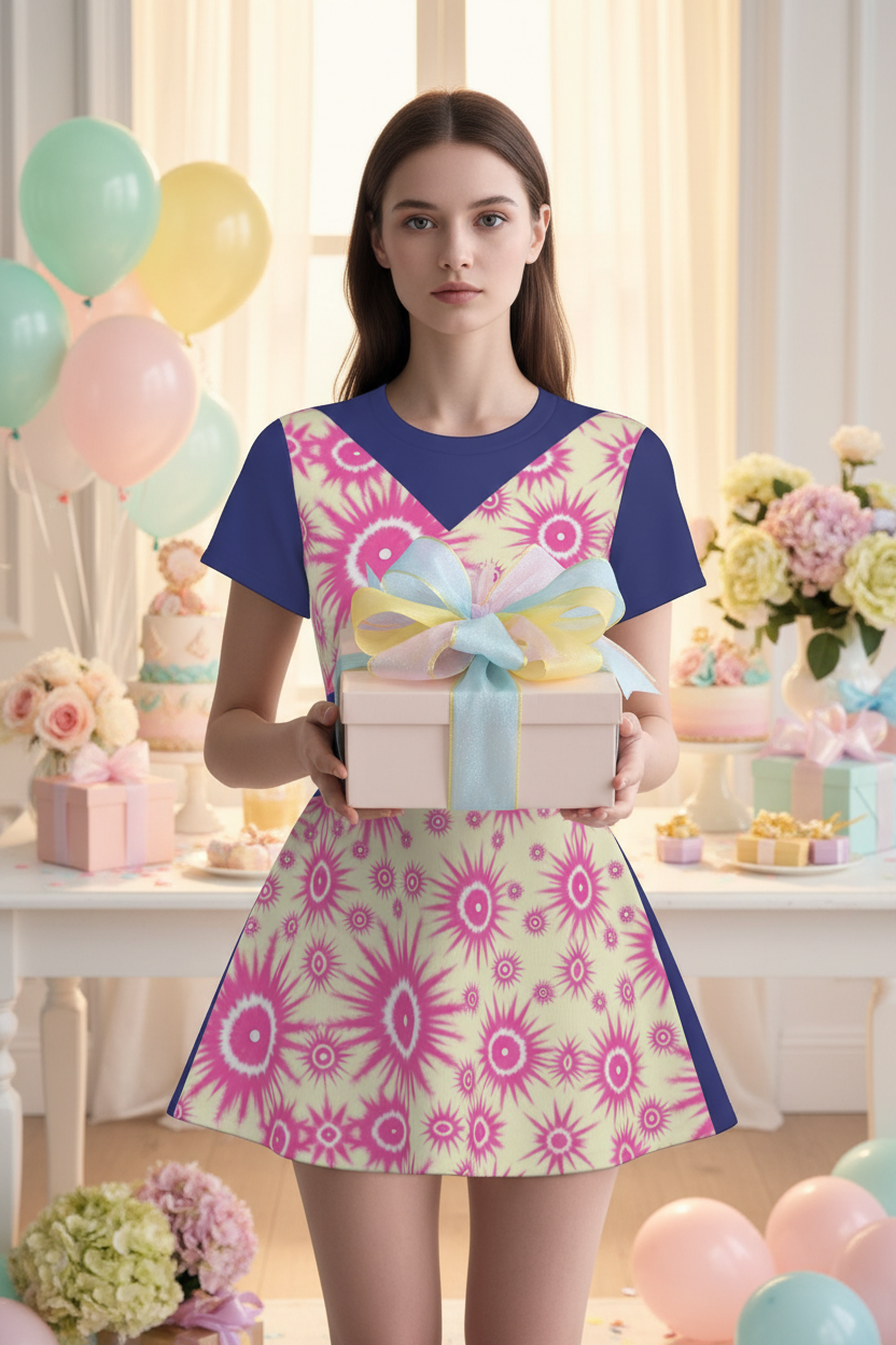 Melammu bubblegum pink orb on cream flared mini dress with navy back and navy short sleeves