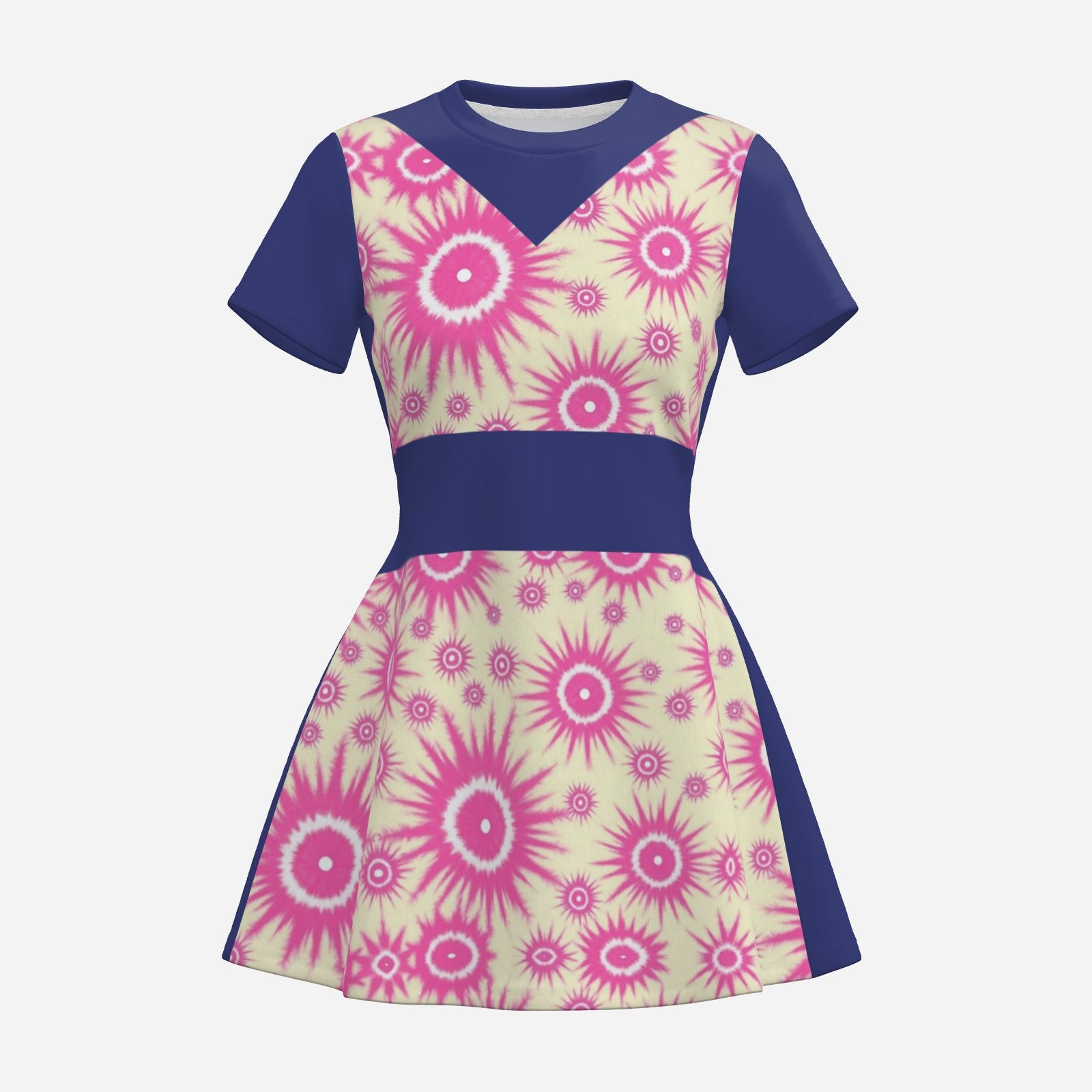 Melammu bubblegum pink starburst dress with navy back and short sleeves flared party baby shower dress unique original Valentina Theodora design ultra cool