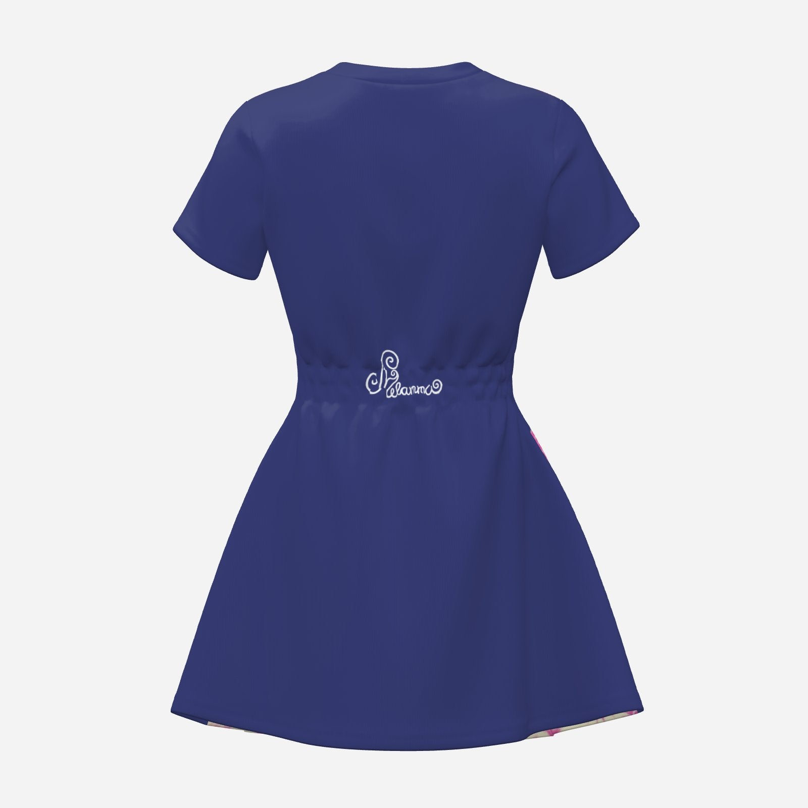 Melammu bubblegum pink starburst dress with navy back and short sleeves flared party baby shower dress unique original Valentina Theodora design ultra cool