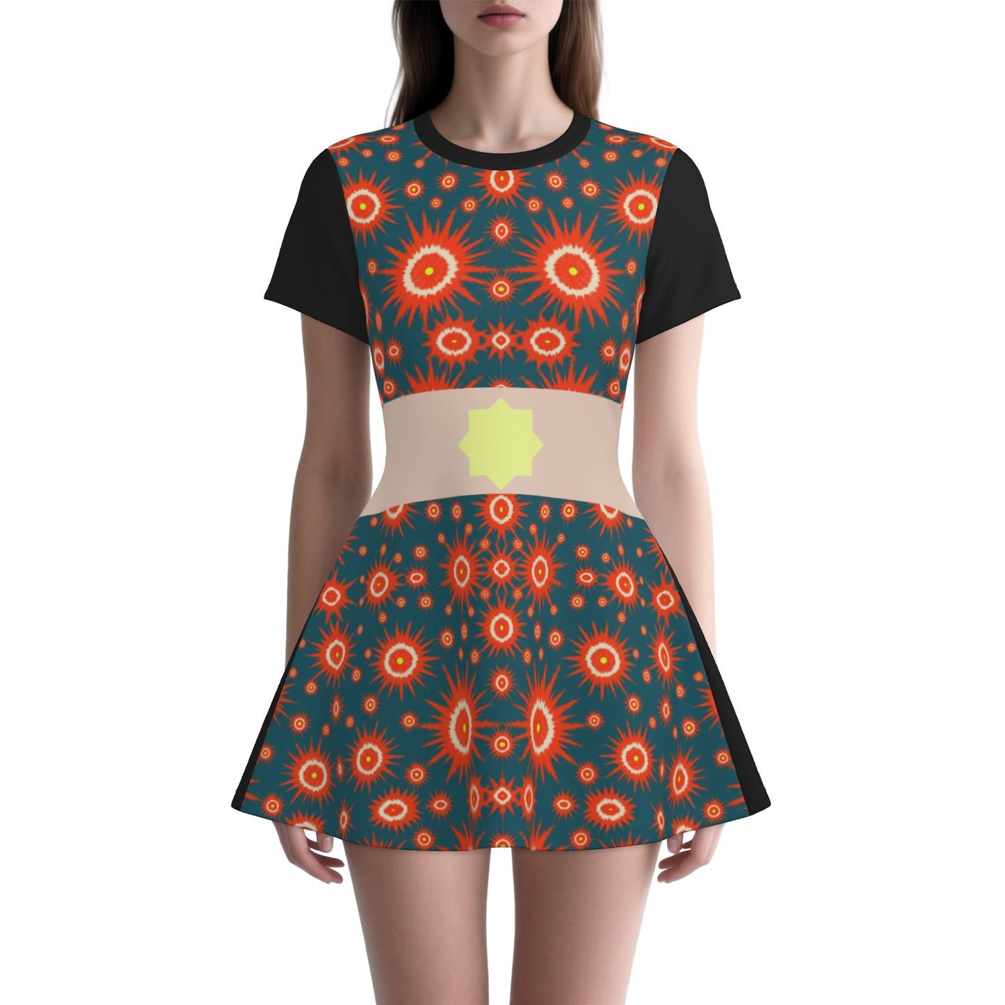 Melammu night sky geometric fire orb mini flared dress with black back and black short sleeves and dusky pink printed belt and yellow octagon fashion statement bold bring colourful 