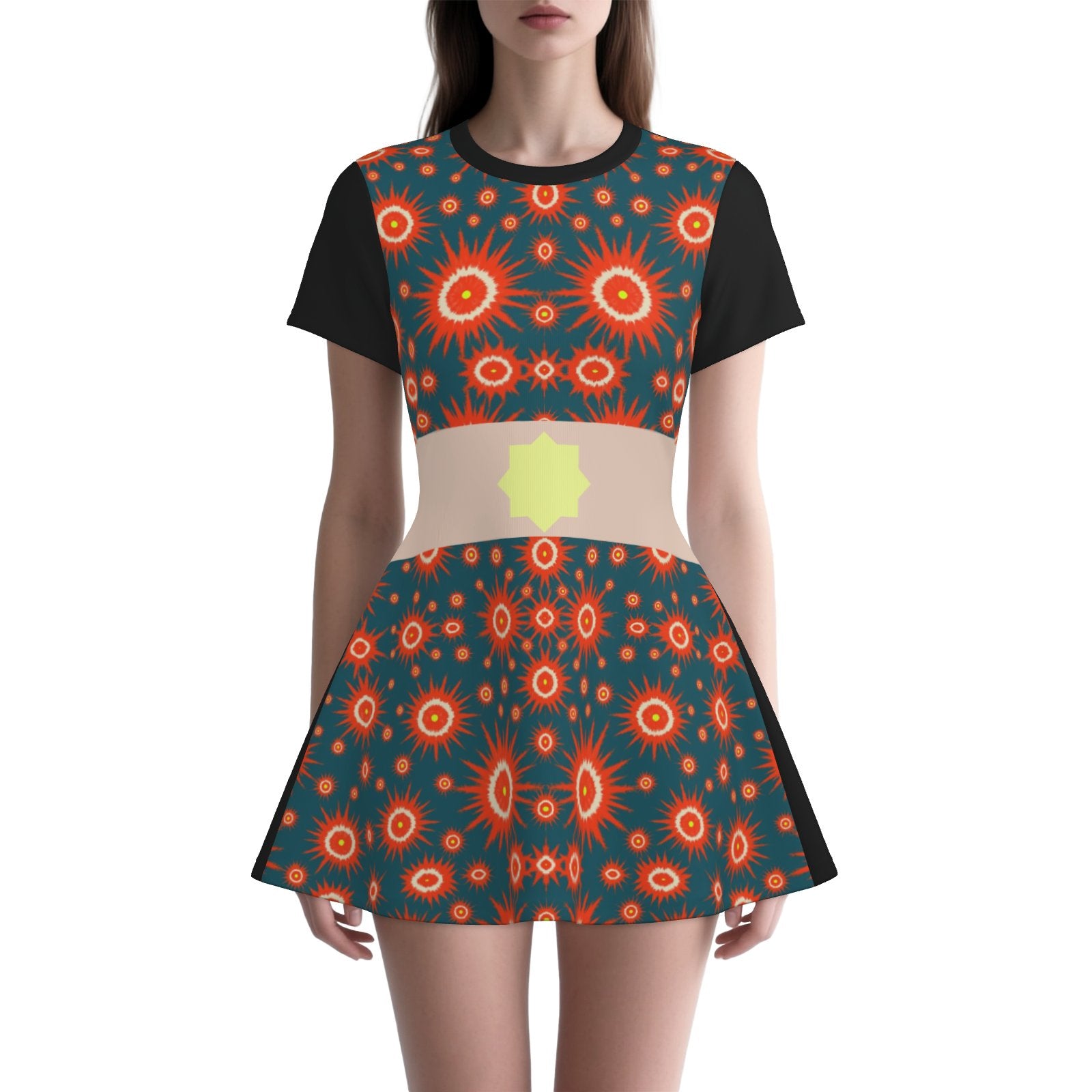 Melammu night sky geometric fire orb mini flared dress with black back and black short sleeves and dusky pink printed belt and yellow octagon fashion statement bold bring colourful 