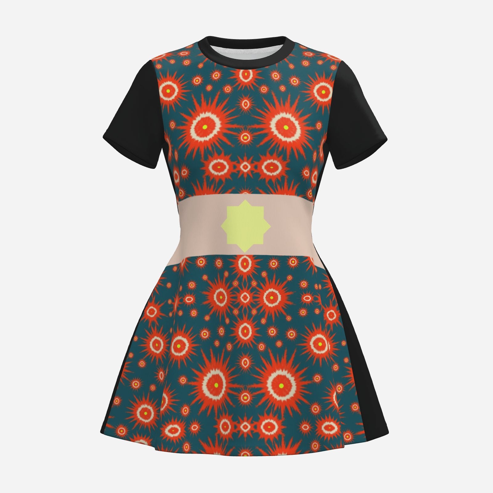 Melammu night sky geometric fire orb mini flared dress with black back and black short sleeves and dusky pink printed belt and yellow octagon fashion statement bold bring colourful 
