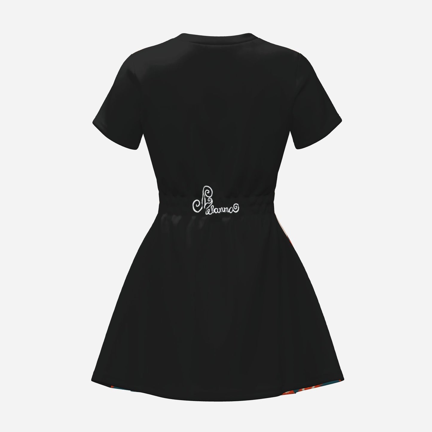 Melammu night sky geometric fire orb mini flared dress with black back and black short sleeves and dusky pink printed belt and yellow octagon fashion statement bold bring colourful 