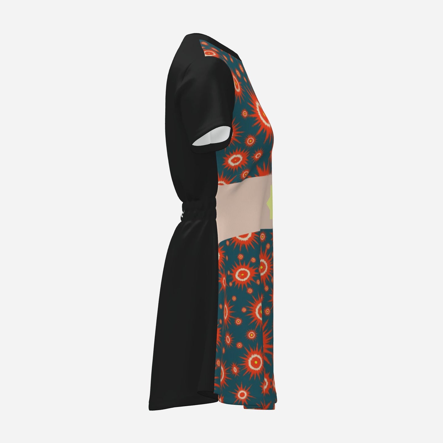 Melammu night sky geometric fire orb mini flared dress with black back and black short sleeves and dusky pink printed belt and yellow octagon fashion statement bold bring colourful 