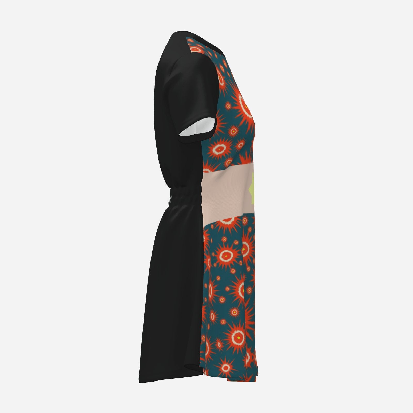 Melammu night sky geometric fire orb mini flared dress with black back and black short sleeves and dusky pink printed belt and yellow octagon fashion statement bold bring colourful 