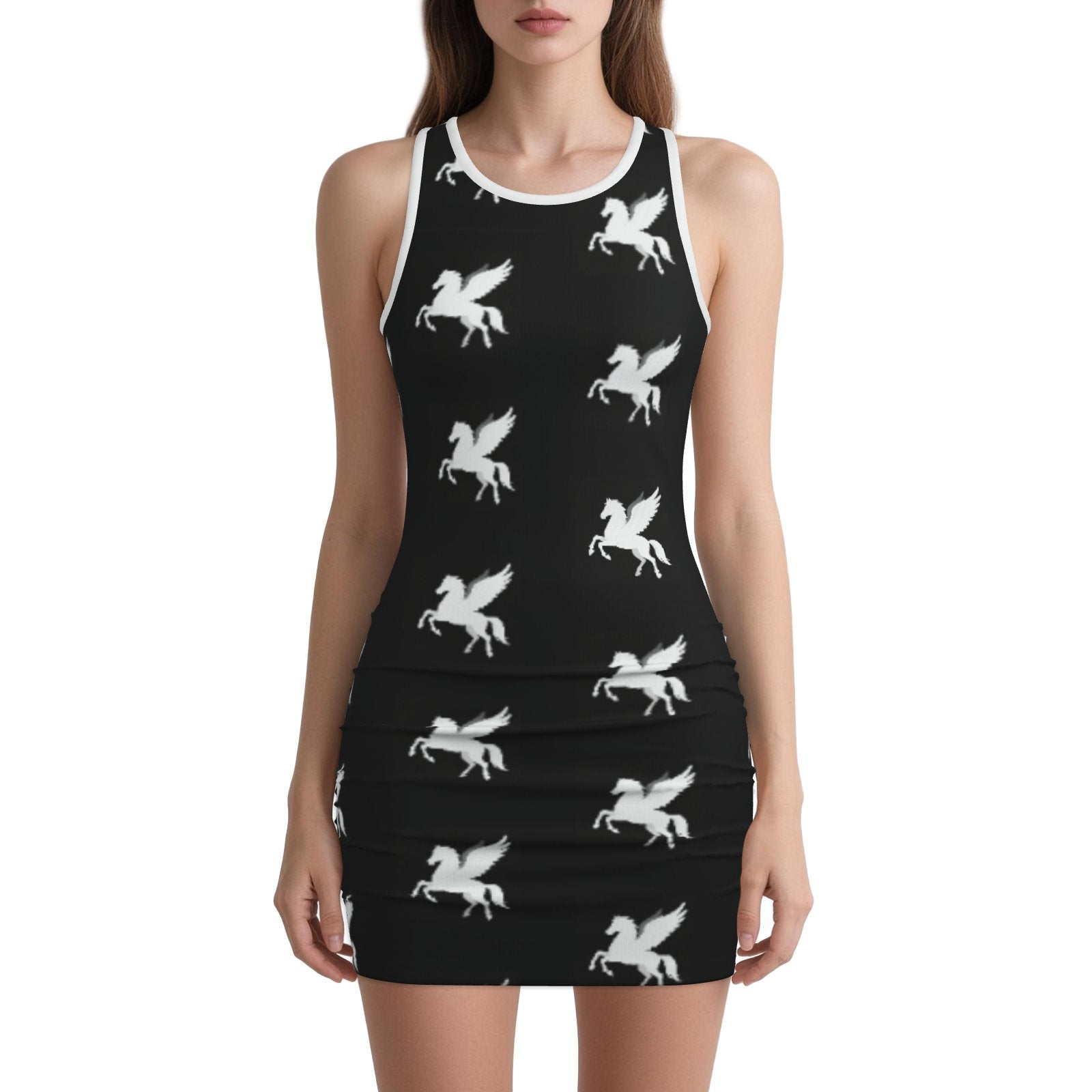 Melammu designer pegasus print black and white chic trending high fashion minii dress powerful vibes original unique Valentina Theodora design trending fashion statement bold