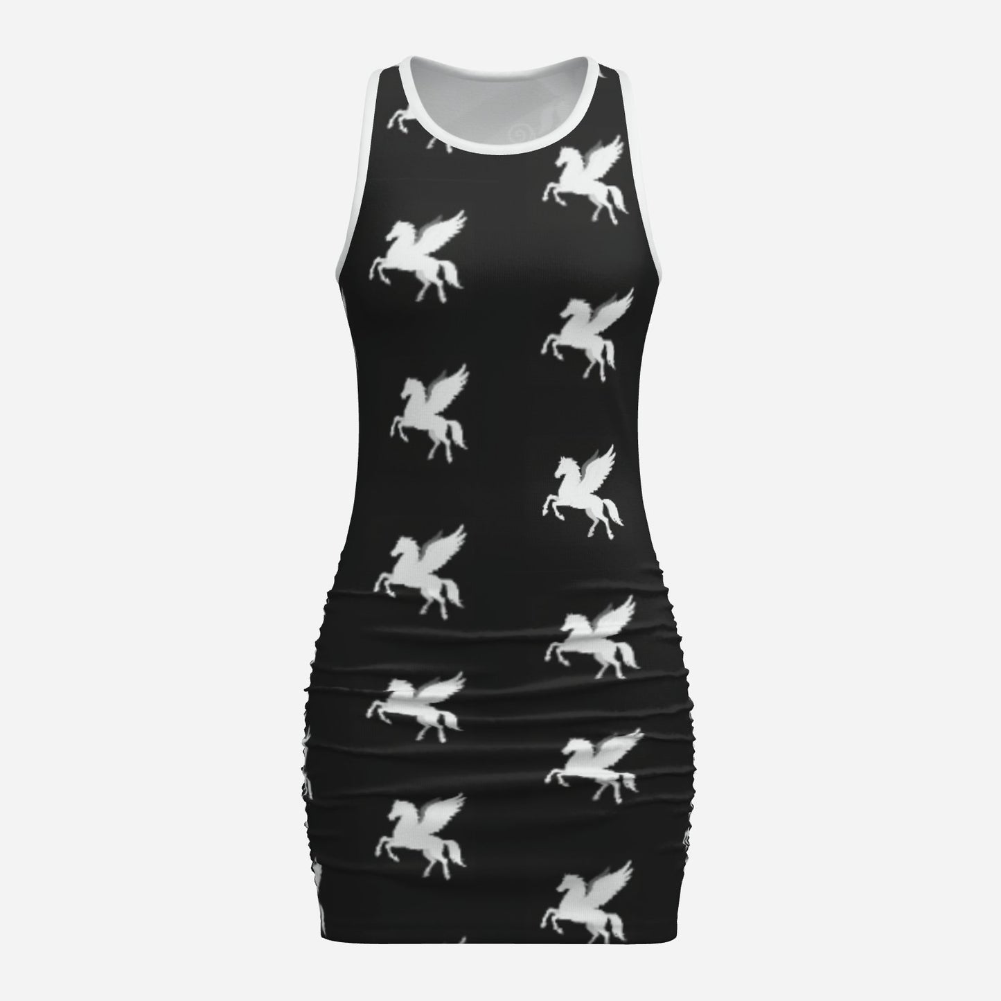 ultra cool Melammu designer pegasus print black and white chic trending high fashion mini dress powerful vibes original unique Valentina Theodora design trending fashion statement bold