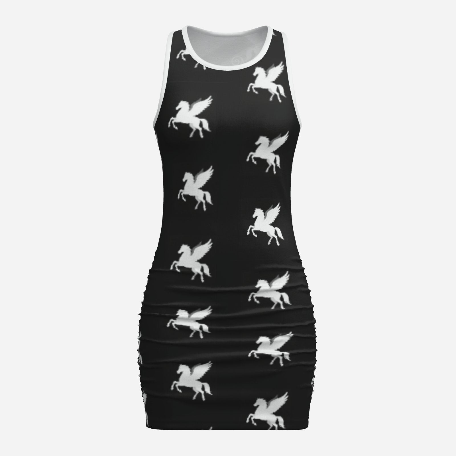 ultra cool Melammu designer pegasus print black and white chic trending high fashion mini dress powerful vibes original unique Valentina Theodora design trending fashion statement bold