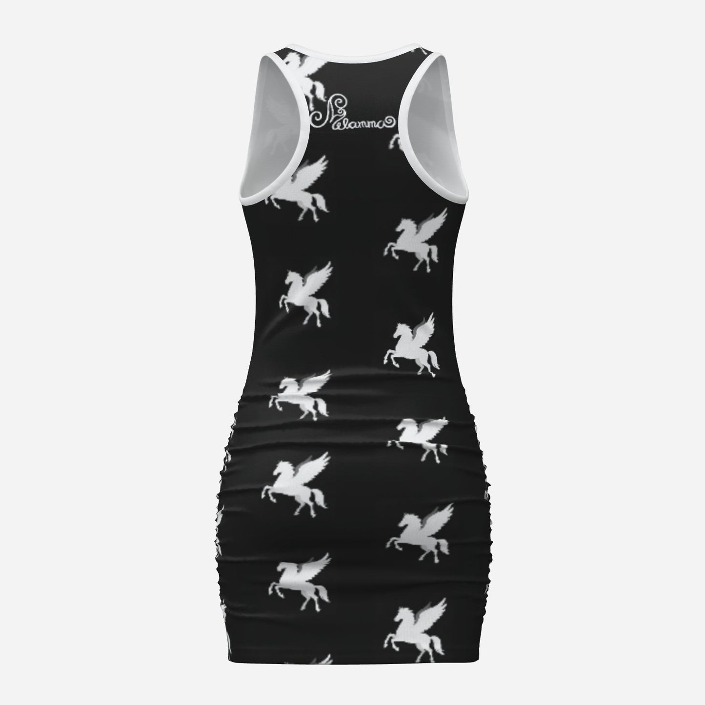 ultra cool Melammu designer pegasus print black and white chic trending high fashion mini dress powerful vibes original unique Valentina Theodora design trending fashion statement bold