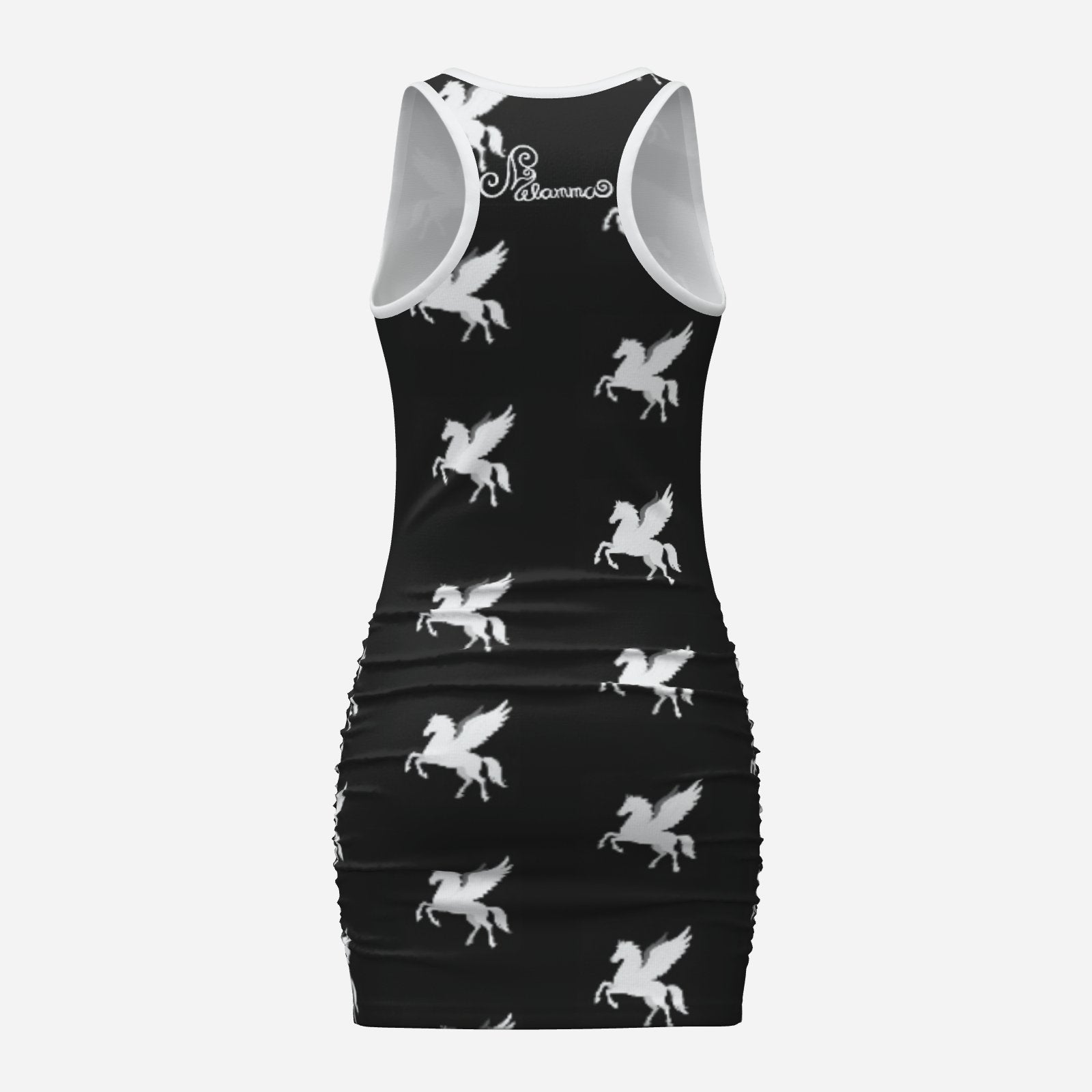 ultra cool Melammu designer pegasus print black and white chic trending high fashion mini dress powerful vibes original unique Valentina Theodora design trending fashion statement bold