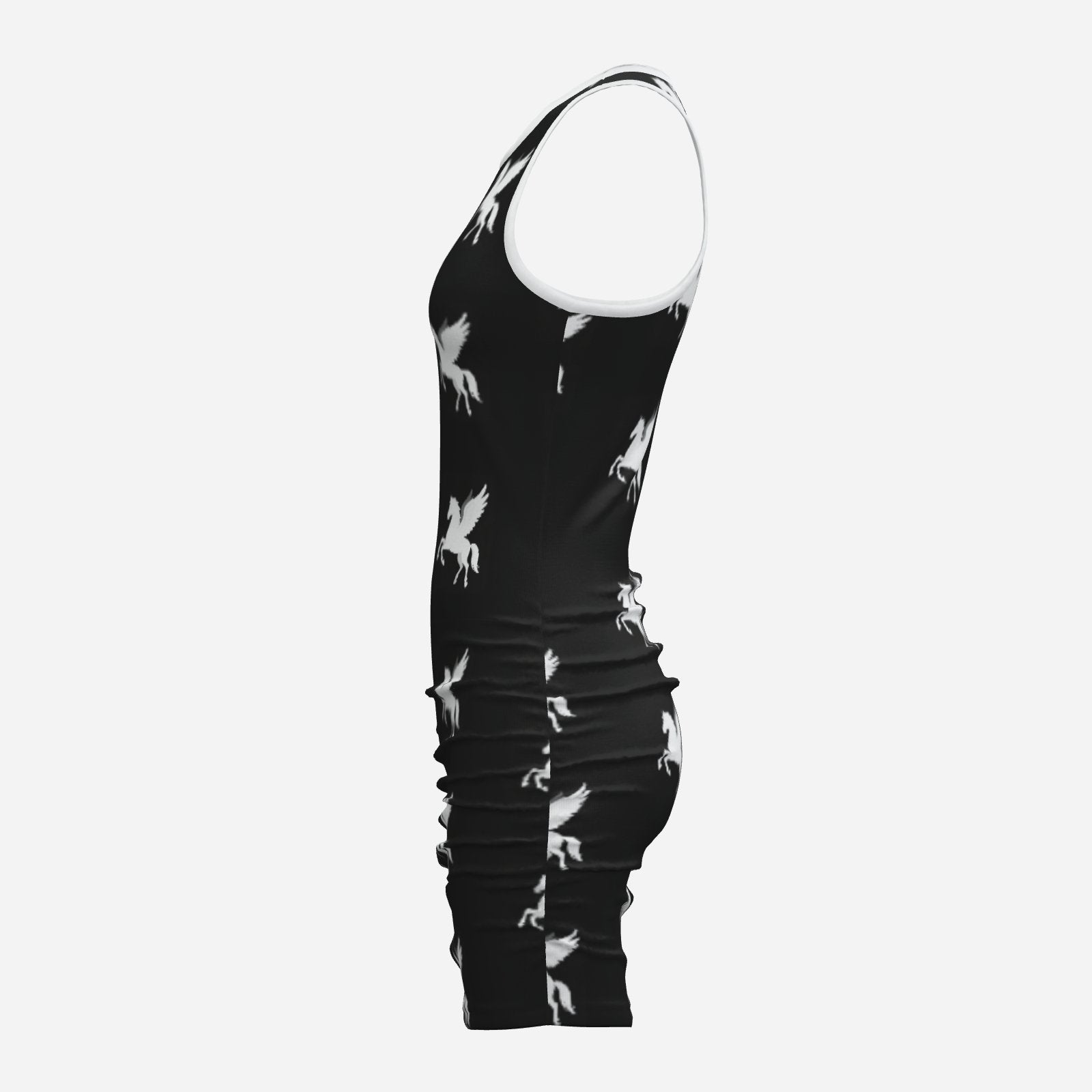 ultra cool Melammu designer pegasus print black and white chic trending high fashion mini dress powerful vibes original unique Valentina Theodora design trending fashion statement bold
