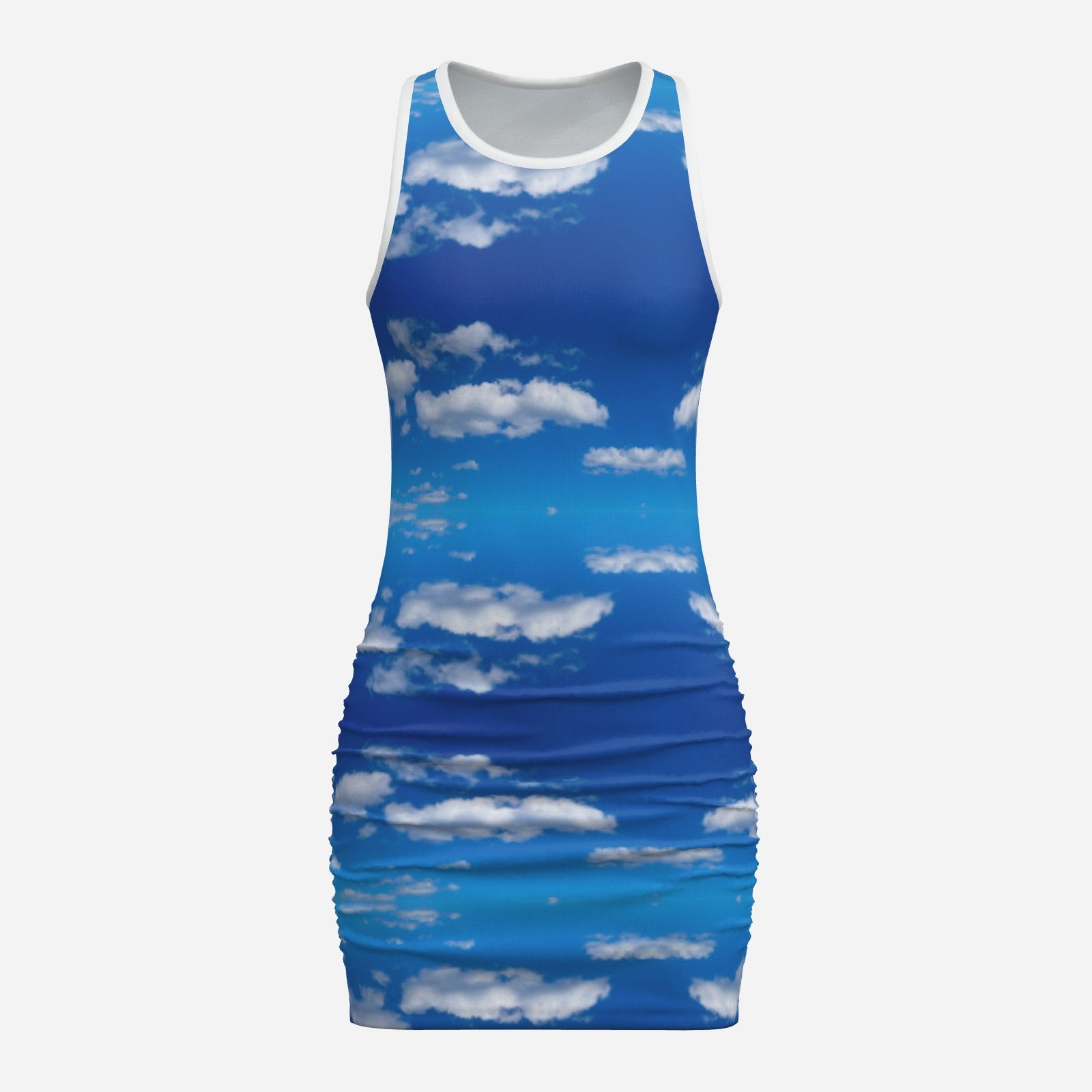 Melammu deep ombre blue geometric cloud mini sleeveless ruched bodycon dress with white trim and Melammu logo on back