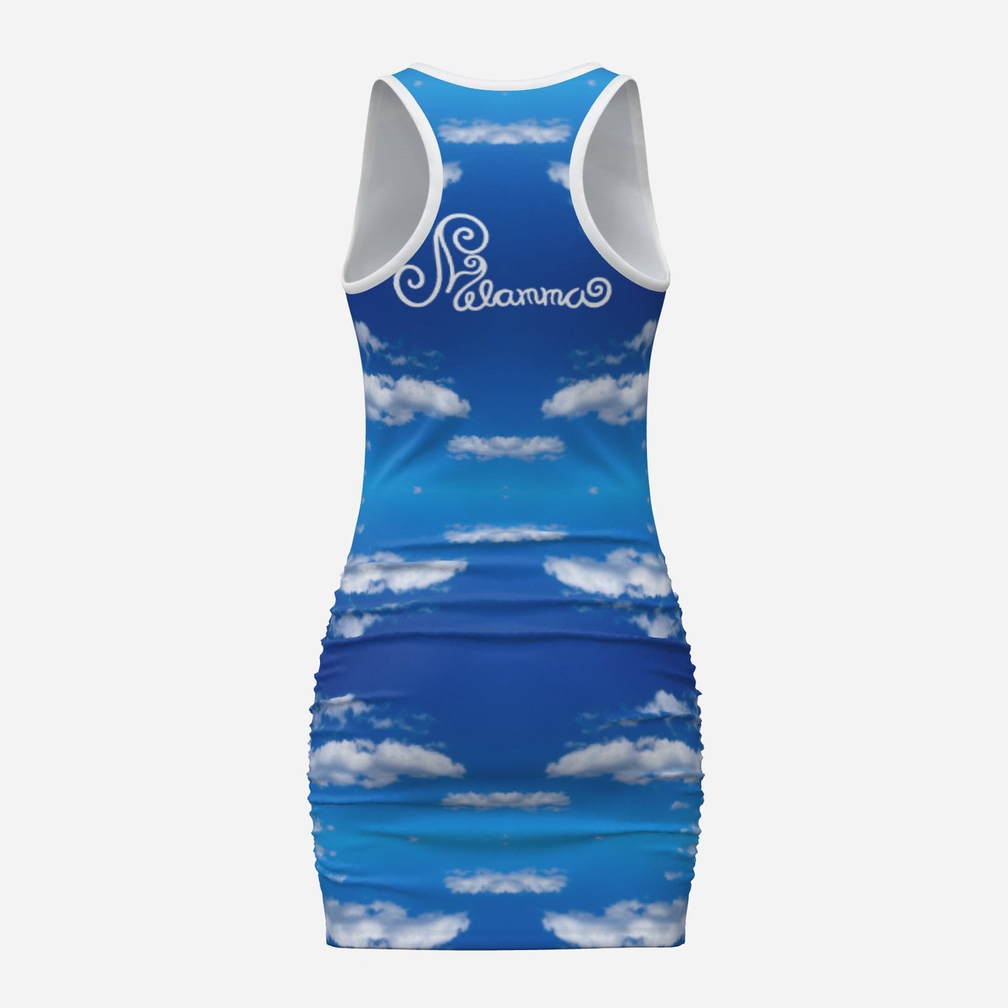 Melammu deep ombre blue geometric cloud mini sleeveless ruched bodycon dress with white trim and Melammu logo on back