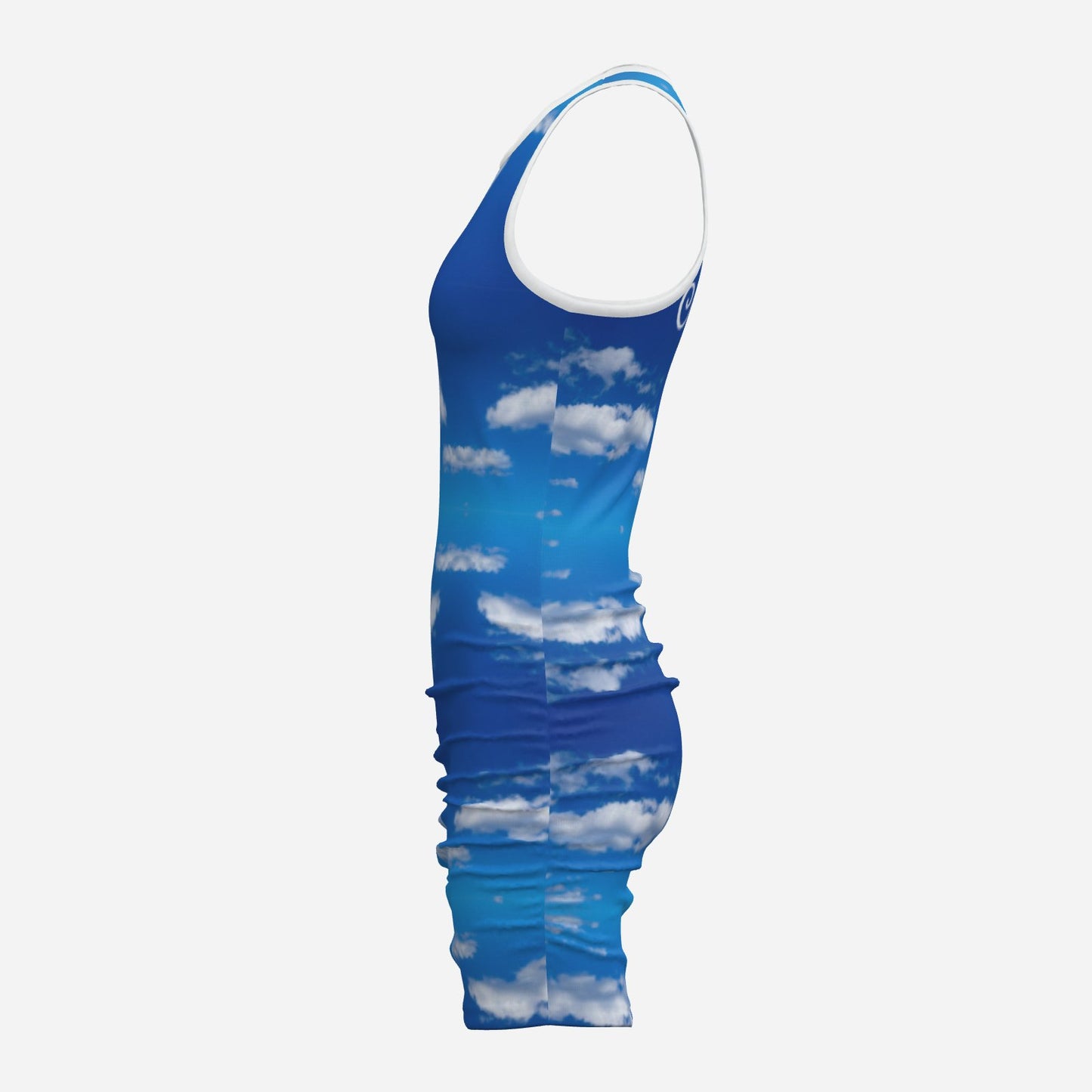 Melammu deep ombre blue geometric cloud mini sleeveless ruched bodycon dress with white trim and Melammu logo on back