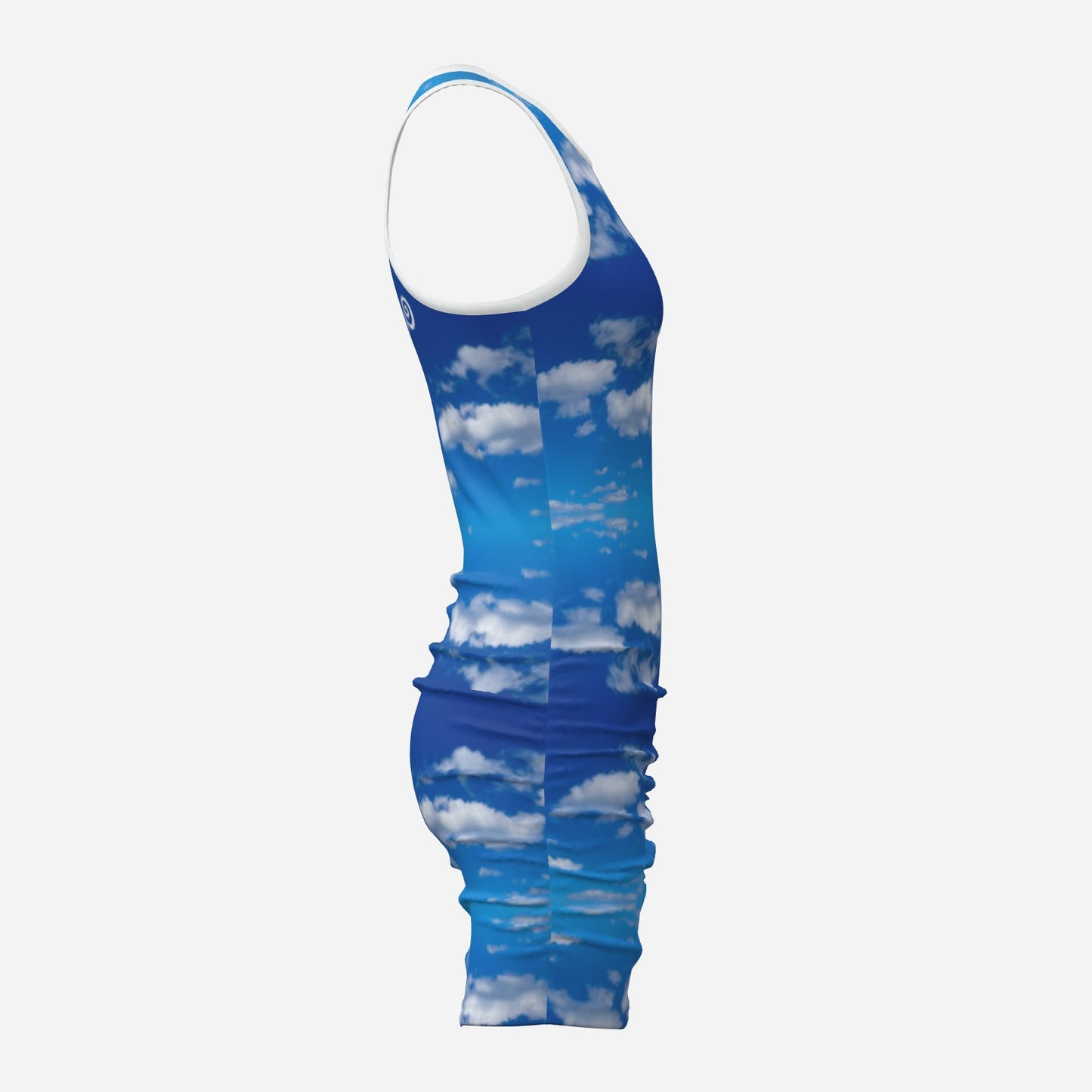 Melammu deep ombre blue geometric cloud mini sleeveless ruched bodycon dress with white trim and Melammu logo on back