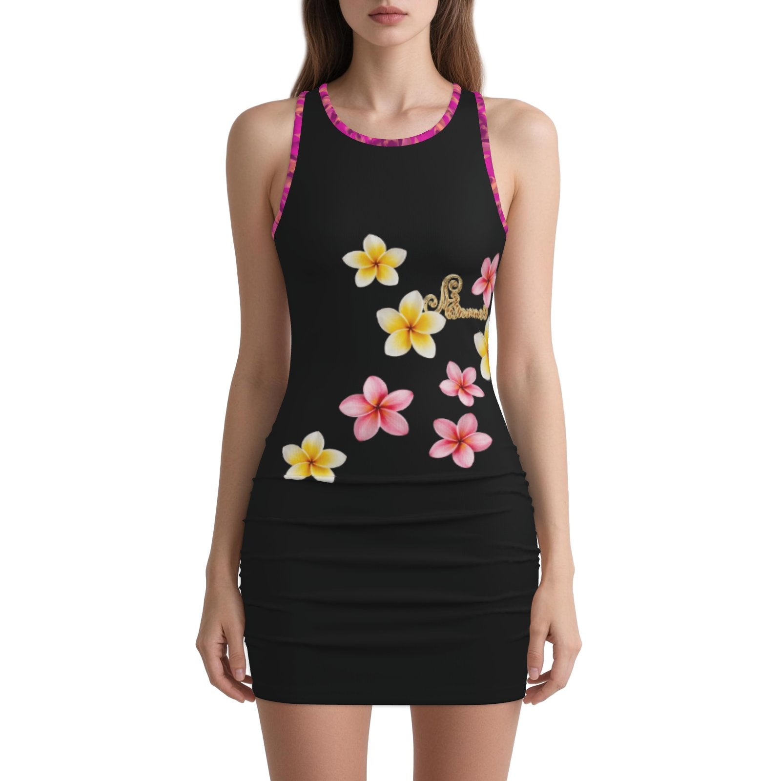 Melammu black minidress with pink and yellow floral print, fuchsia botanical print  trim and Melammu floral logo. original Valentina Theodora designer ultra cool beautiful free spirited piece