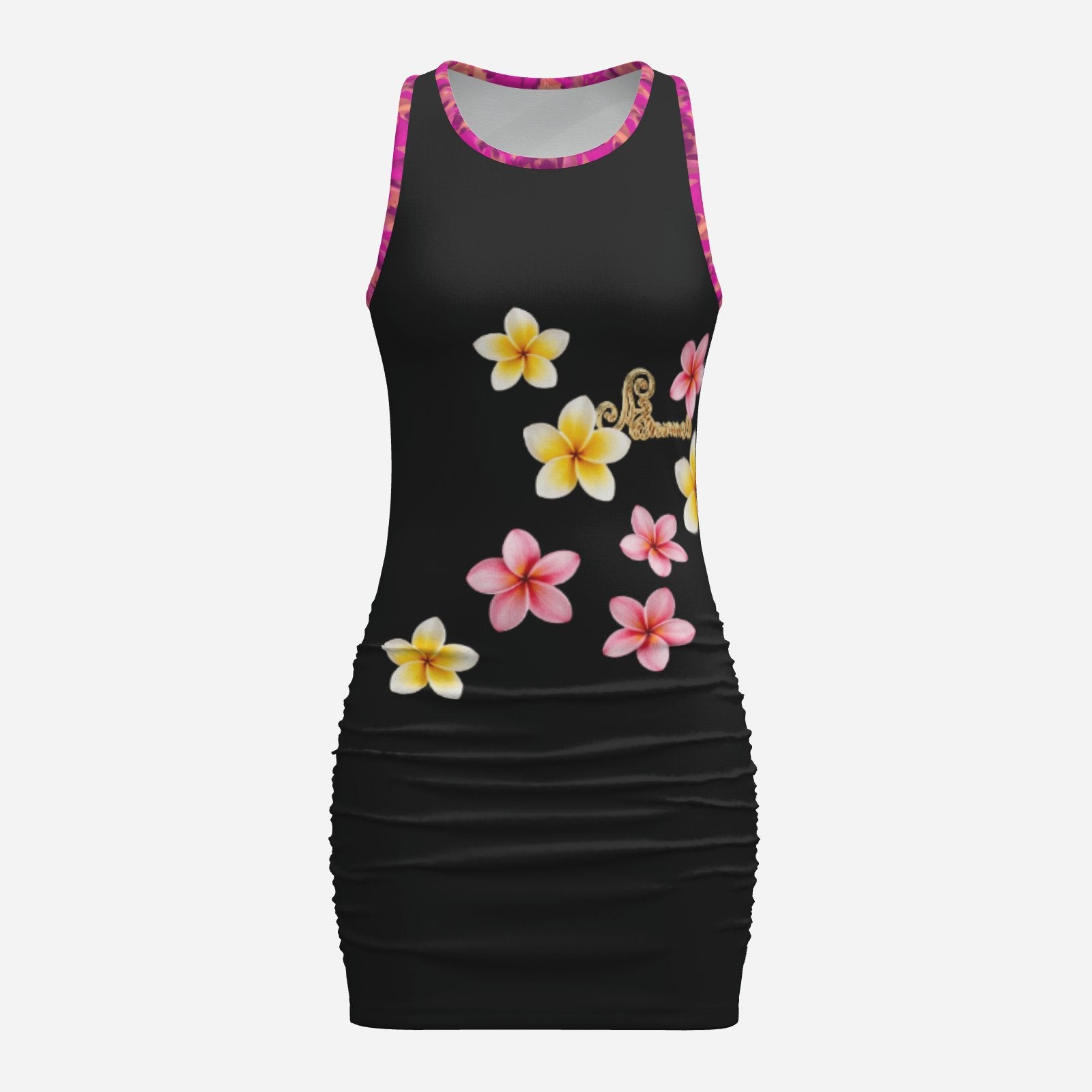 Melammu black minidress with pink and yellow floral print, fuchsia botanical print  trim and Melammu floral logo. original Valentina Theodora designer ultra cool beautiful free spirited piece