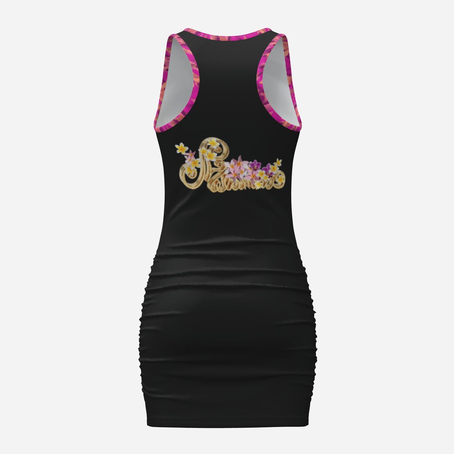 Melammu black minidress with pink and yellow floral print, fuchsia botanical print  trim and Melammu floral logo. original Valentina Theodora designer ultra cool beautiful free spirited piece