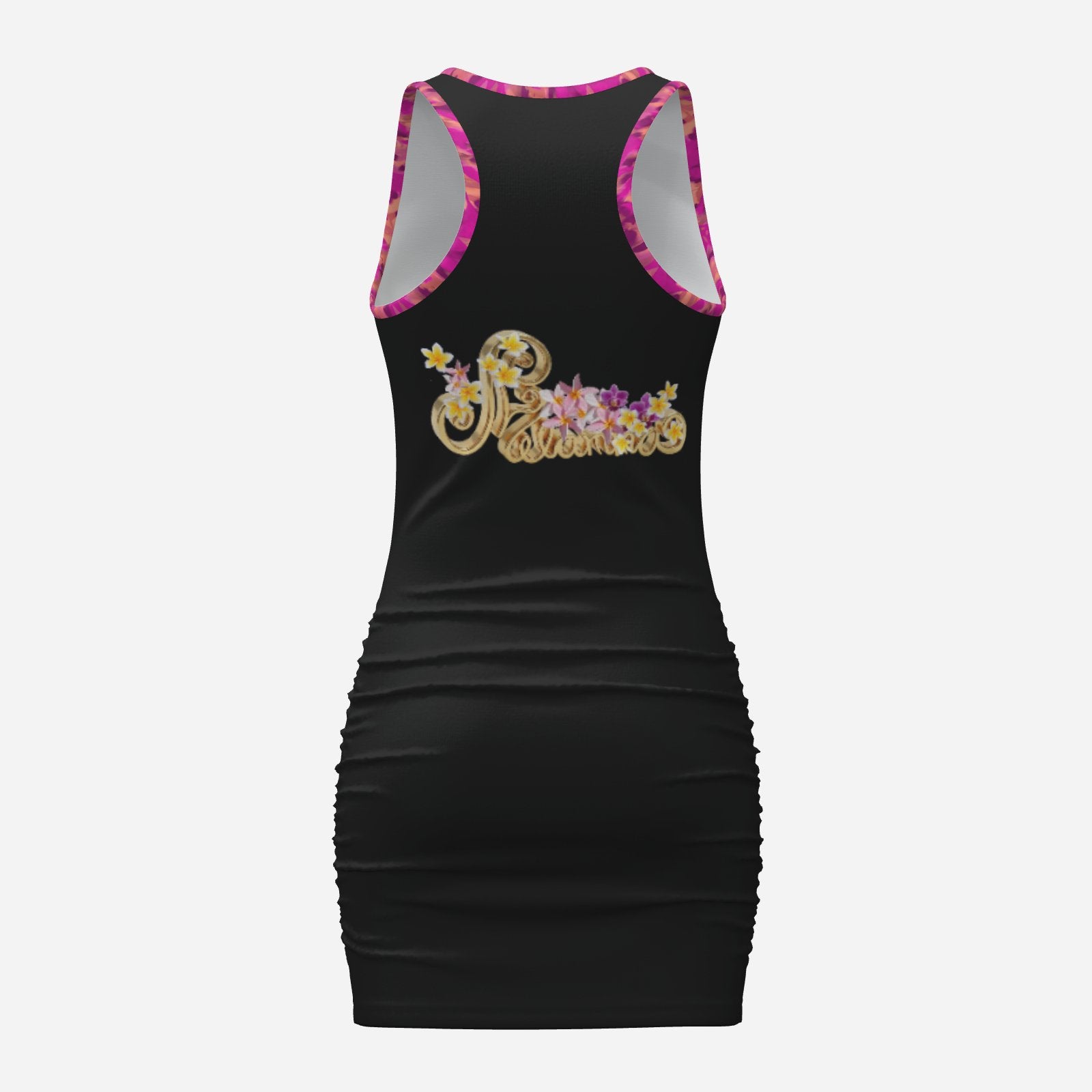 Melammu black minidress with pink and yellow floral print, fuchsia botanical print  trim and Melammu floral logo. original Valentina Theodora designer ultra cool beautiful free spirited piece