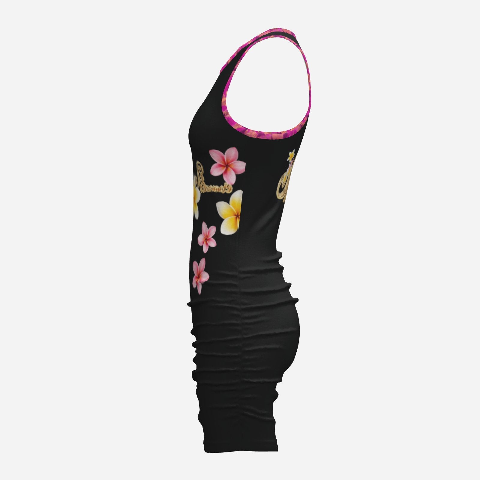 Melammu black minidress with pink and yellow floral print, fuchsia botanical print  trim and Melammu floral logo. original Valentina Theodora designer ultra cool beautiful free spirited piece