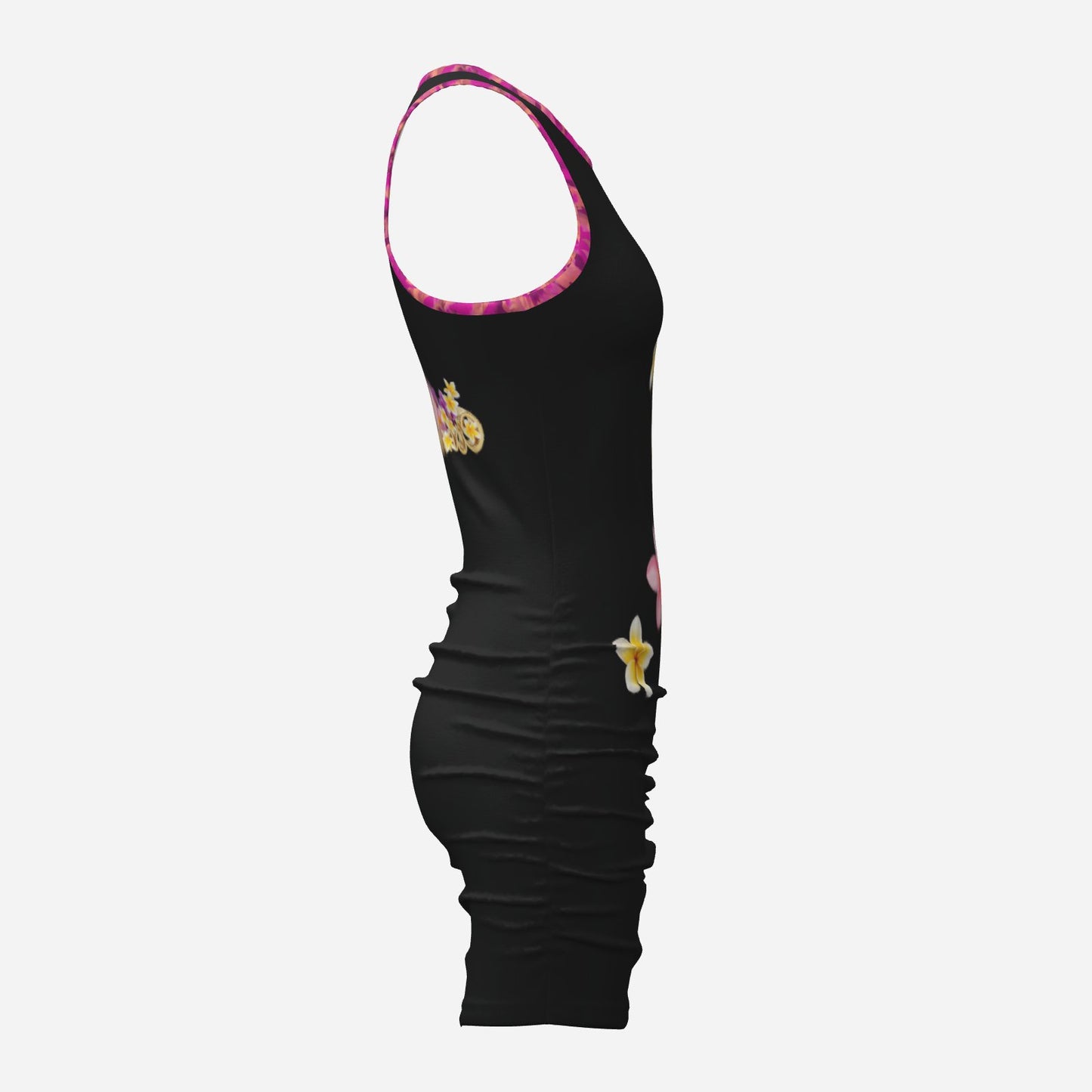 Melammu black minidress with pink and yellow floral print, fuchsia botanical print  trim and Melammu floral logo. original Valentina Theodora designer ultra cool beautiful free spirited piece