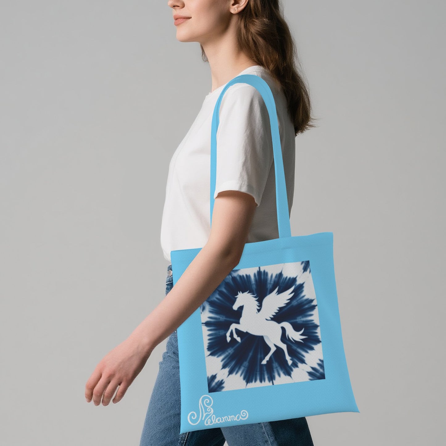 Melammu designer sky blue peggasus navy unique exclusive trending aesthetic square tote bag