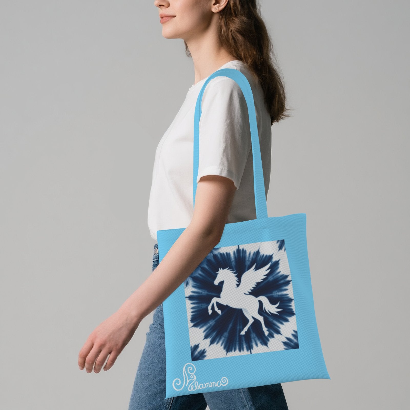 Melammu designer sky blue peggasus navy unique exclusive trending aesthetic square tote bag