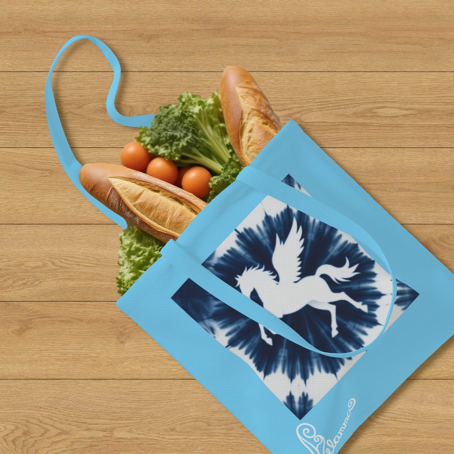 Melammu designer sky blue peggasus navy unique exclusive trending aesthetic square tote bag