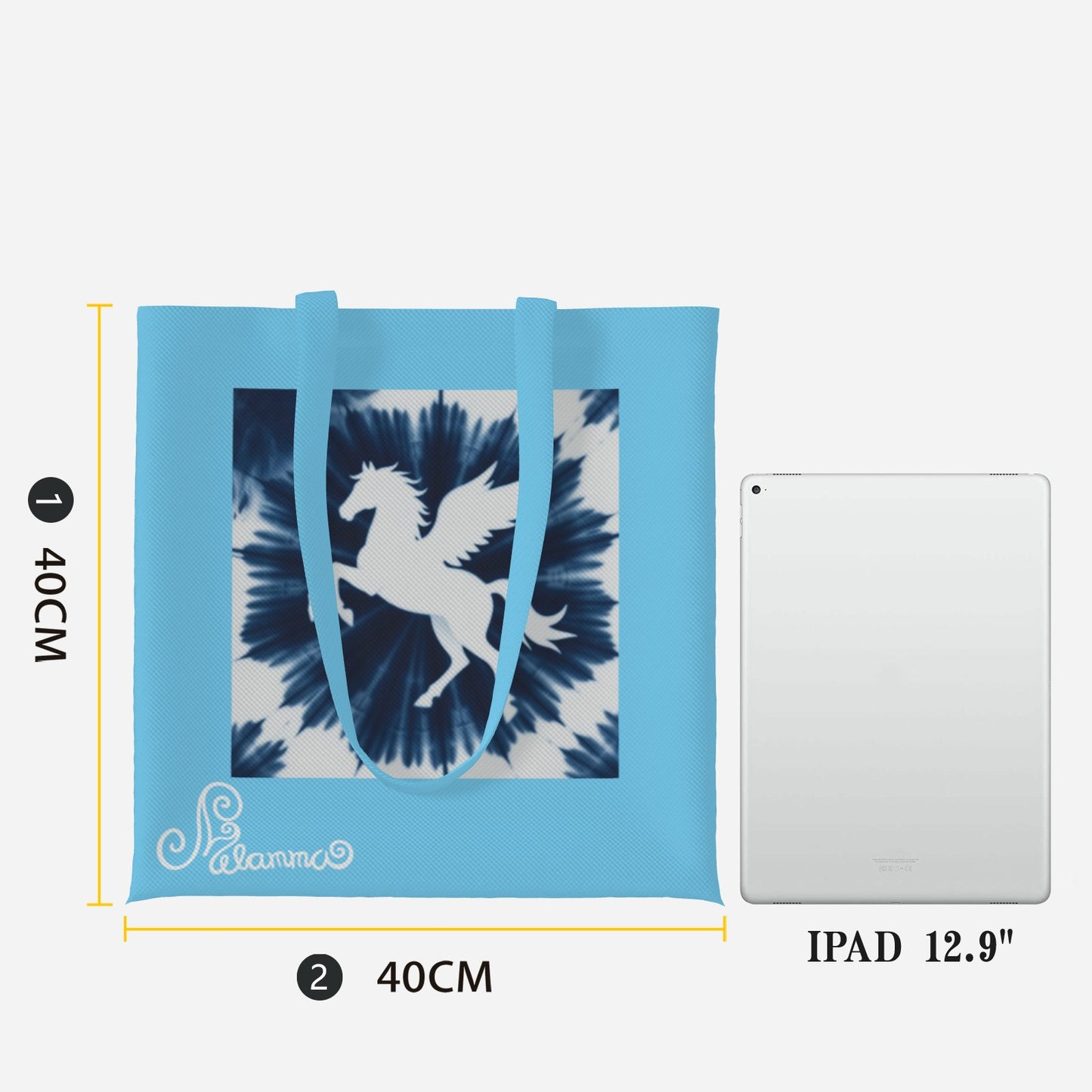 Melammu designer sky blue peggasus navy unique exclusive trending aesthetic square tote bag