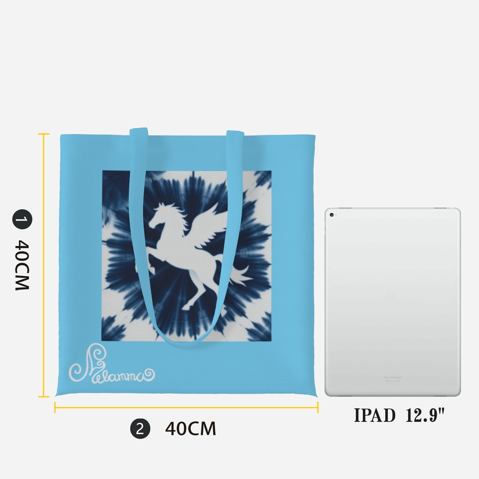 Melammu designer sky blue peggasus navy unique exclusive trending aesthetic square tote bag