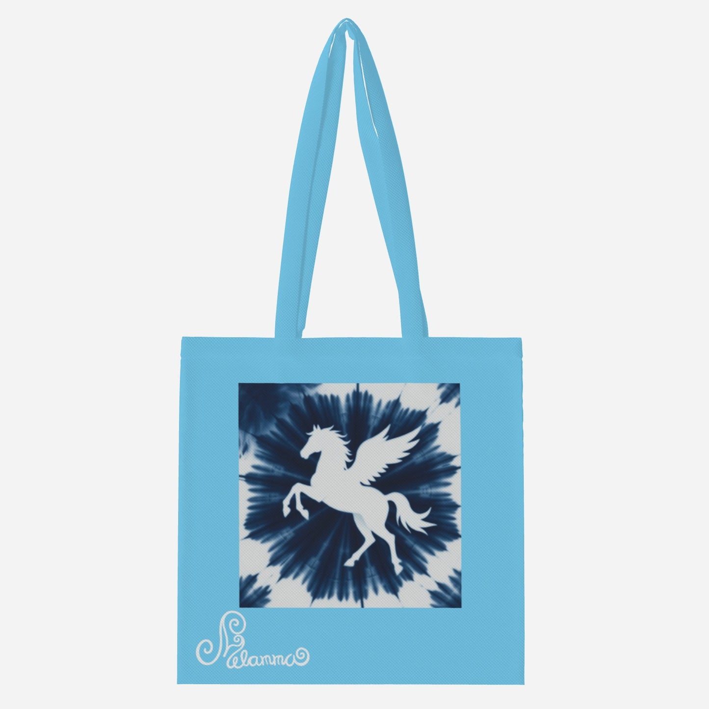 Melammu designer sky blue peggasus navy unique exclusive trending aesthetic square tote bag