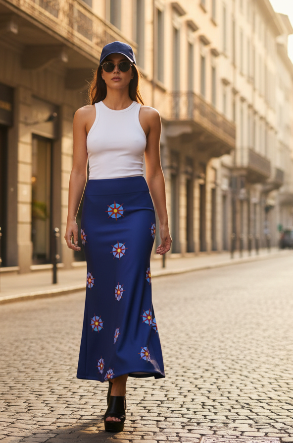 navy maxi skirt flare with8 point star celestial vibes sacred geometry ultra cool statement piece bold colour daring Melammu by Valentina Theodora