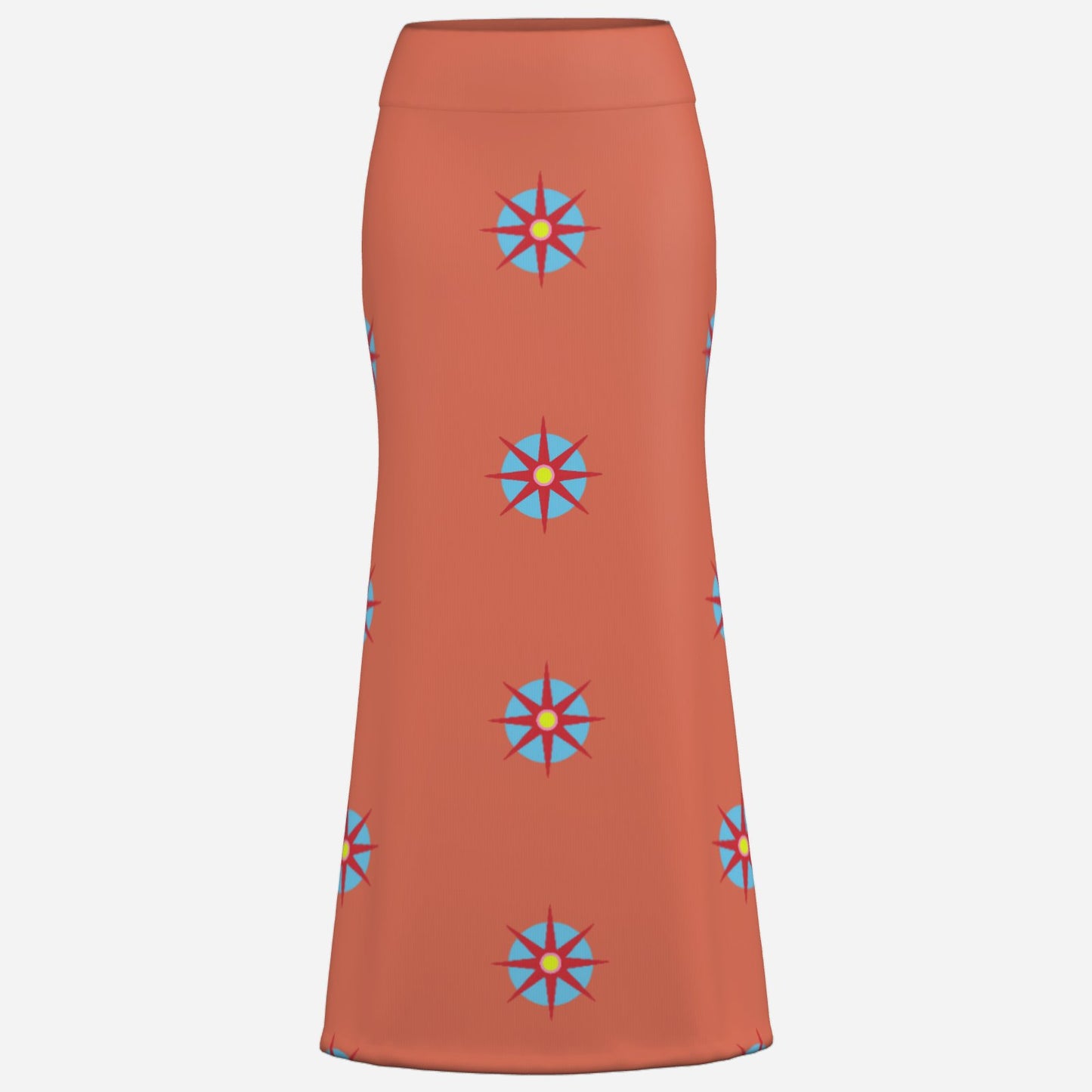 Melammu designer skirt maxi flare orange geometric star motif celestial portals esoteric clothing bright bold garments statement fashion ultra cool