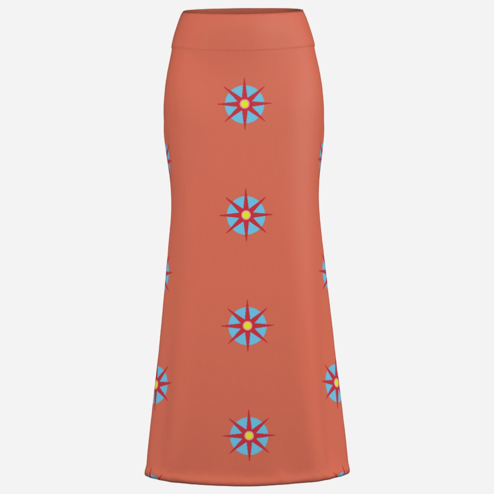 Melammu designer skirt maxi flare orange geometric star motif celestial portals esoteric clothing bright bold garments statement fashion ultra cool