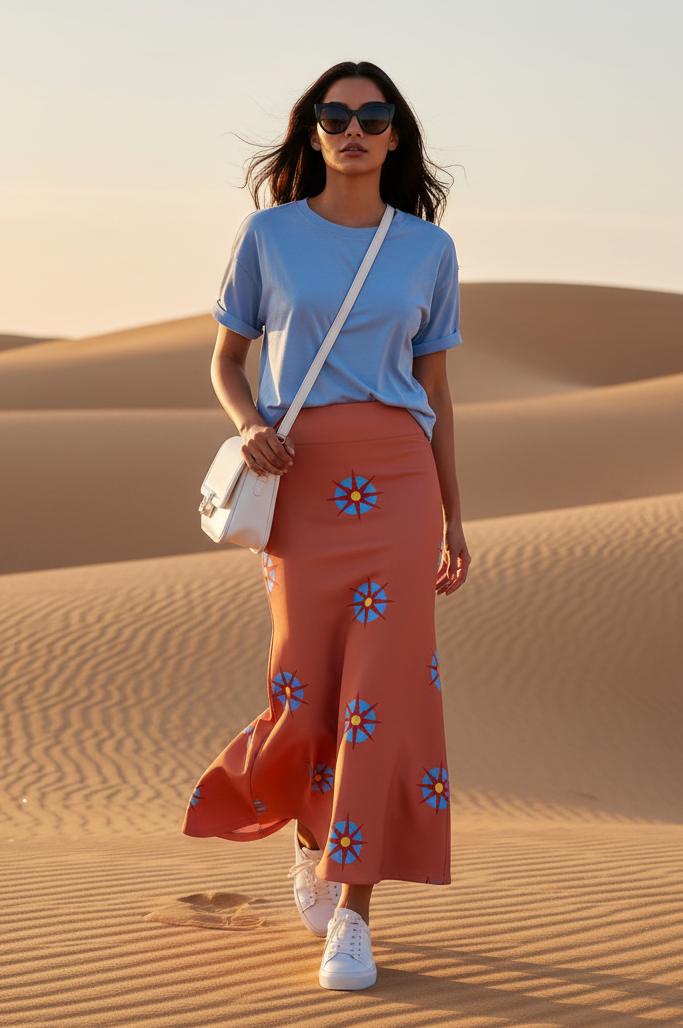 Melammu designer skirt maxi flare orange geometric star motif celestial portals esoteric clothing bright bold garments statement fashion ultra cool