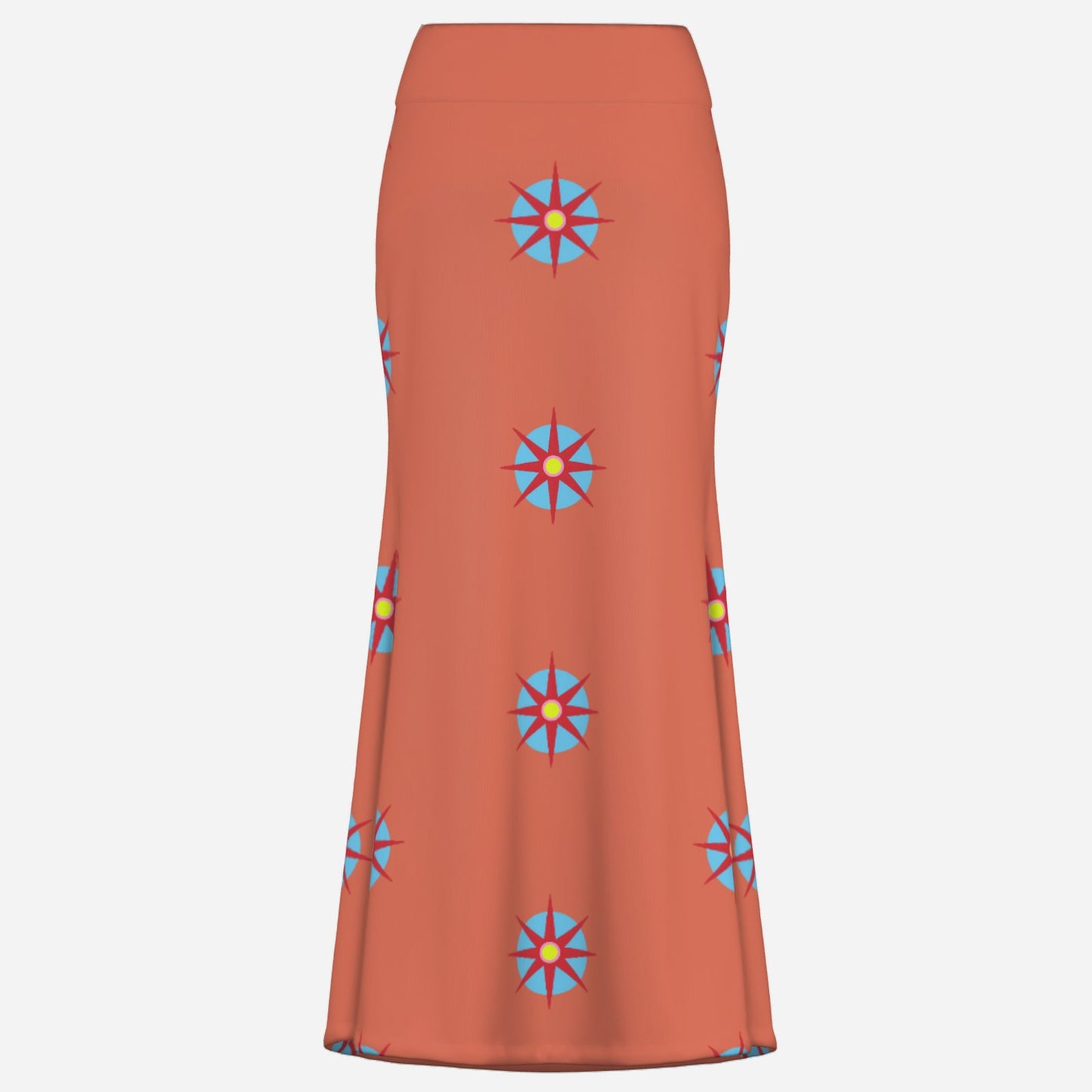 Melammu designer skirt maxi flare orange geometric star motif celestial portals esoteric clothing bright bold garments statement fashion ultra cool
